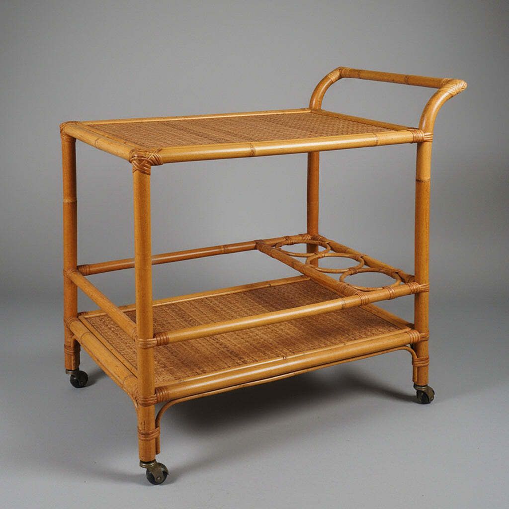 1960s Luxury Handcrafted And Elegant Bar Cart In Bamboo E Rattan. Made In Italy photo 1573.0