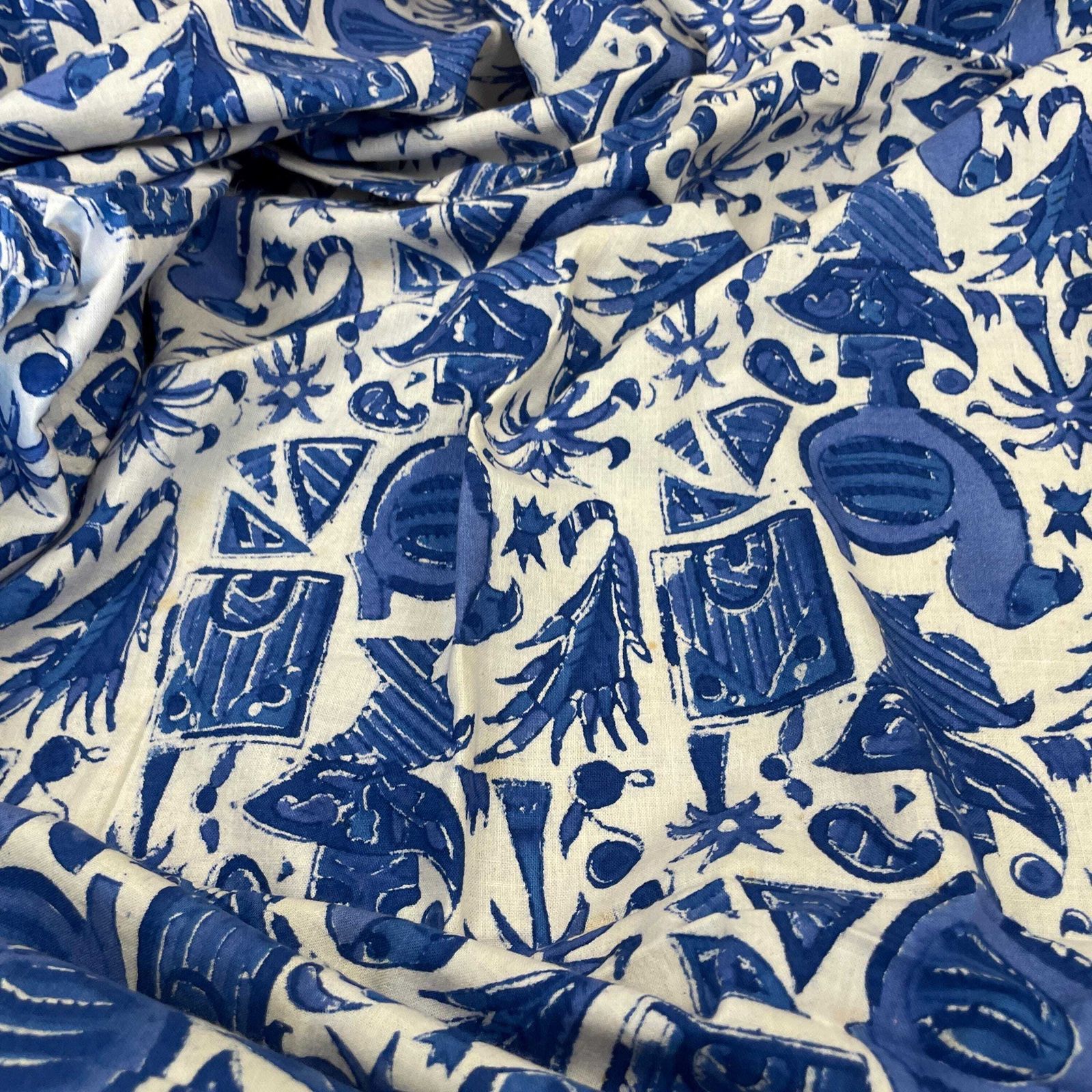 Hand Printed Indian Fabric 296x147cm Dodo Bird Pattern Block Blue White Tapestry Cotton Handmade Craft Dress Making Traditional Cloth India photo 50.0