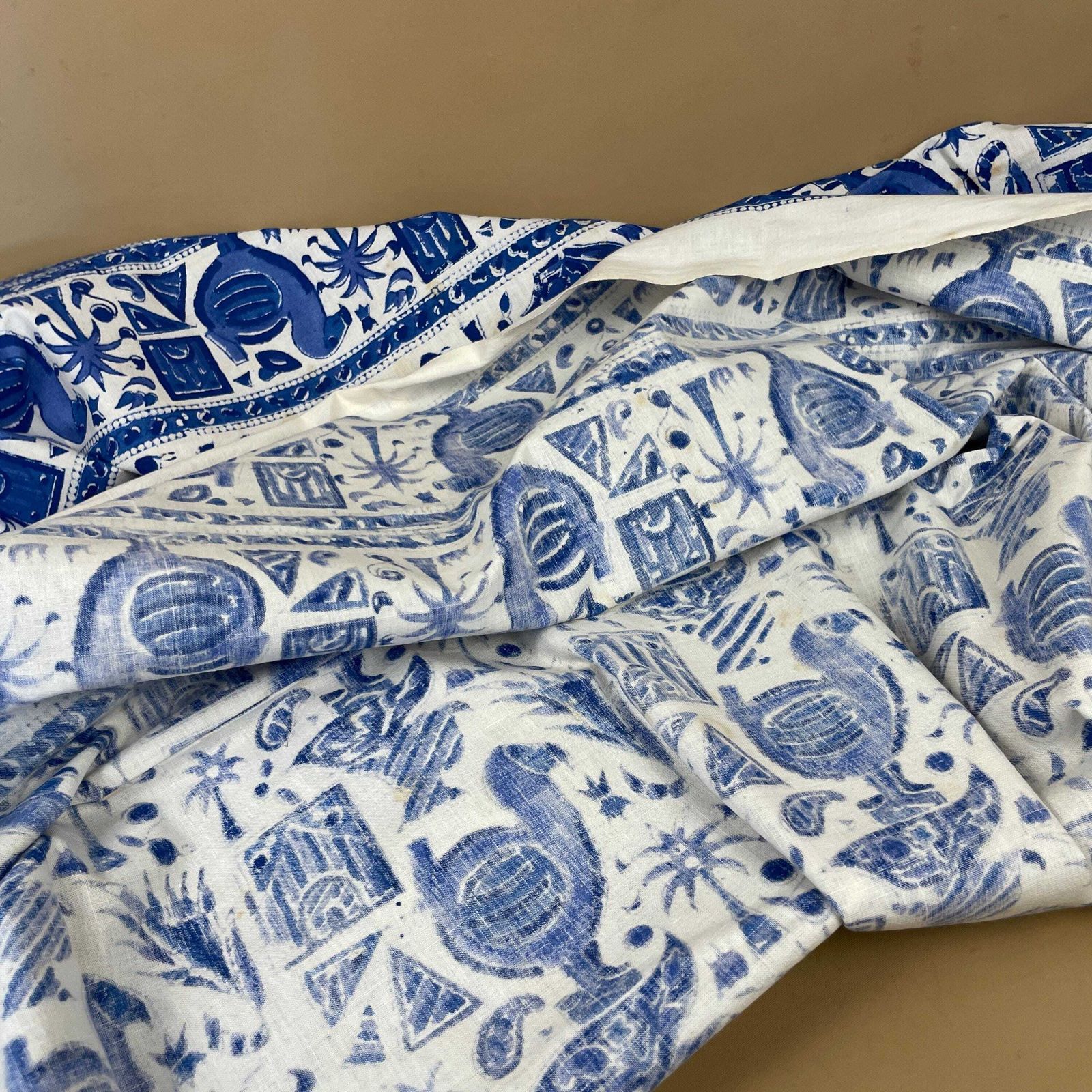 Hand Printed Indian Fabric 296x147cm Dodo Bird Pattern Block Blue White Tapestry Cotton Handmade Craft Dress Making Traditional Cloth India photo vinterior