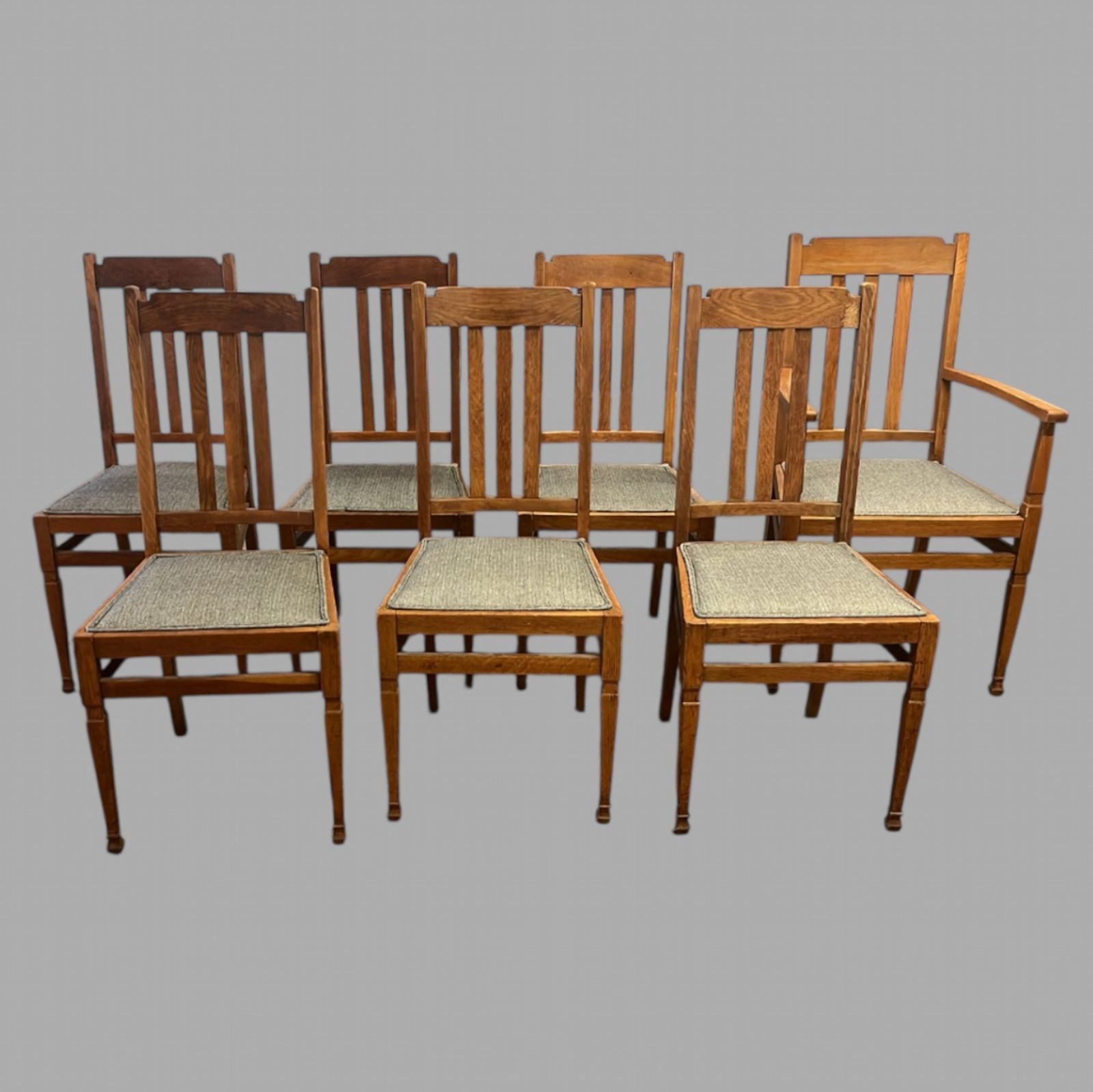 Set Of 7 Oak Dining Chairs With Upholstered Seats – Arts & Crafts Revival Style