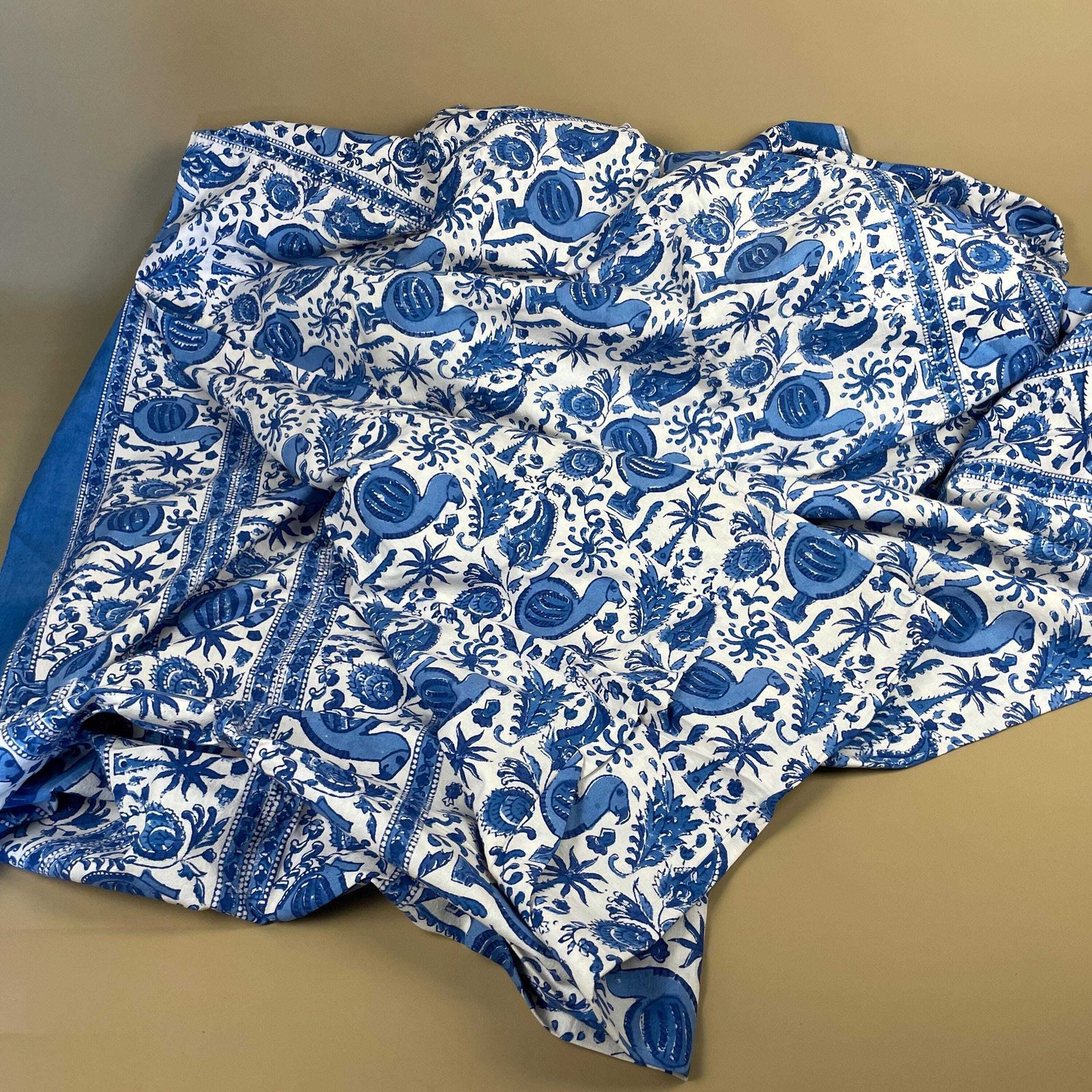 Hand Printed Indian Fabric 262x220cm Dodo Bird Pattern Block Blue White Tapestry Cotton Handmade Craft Dress Making Traditional Cloth India photo furniture