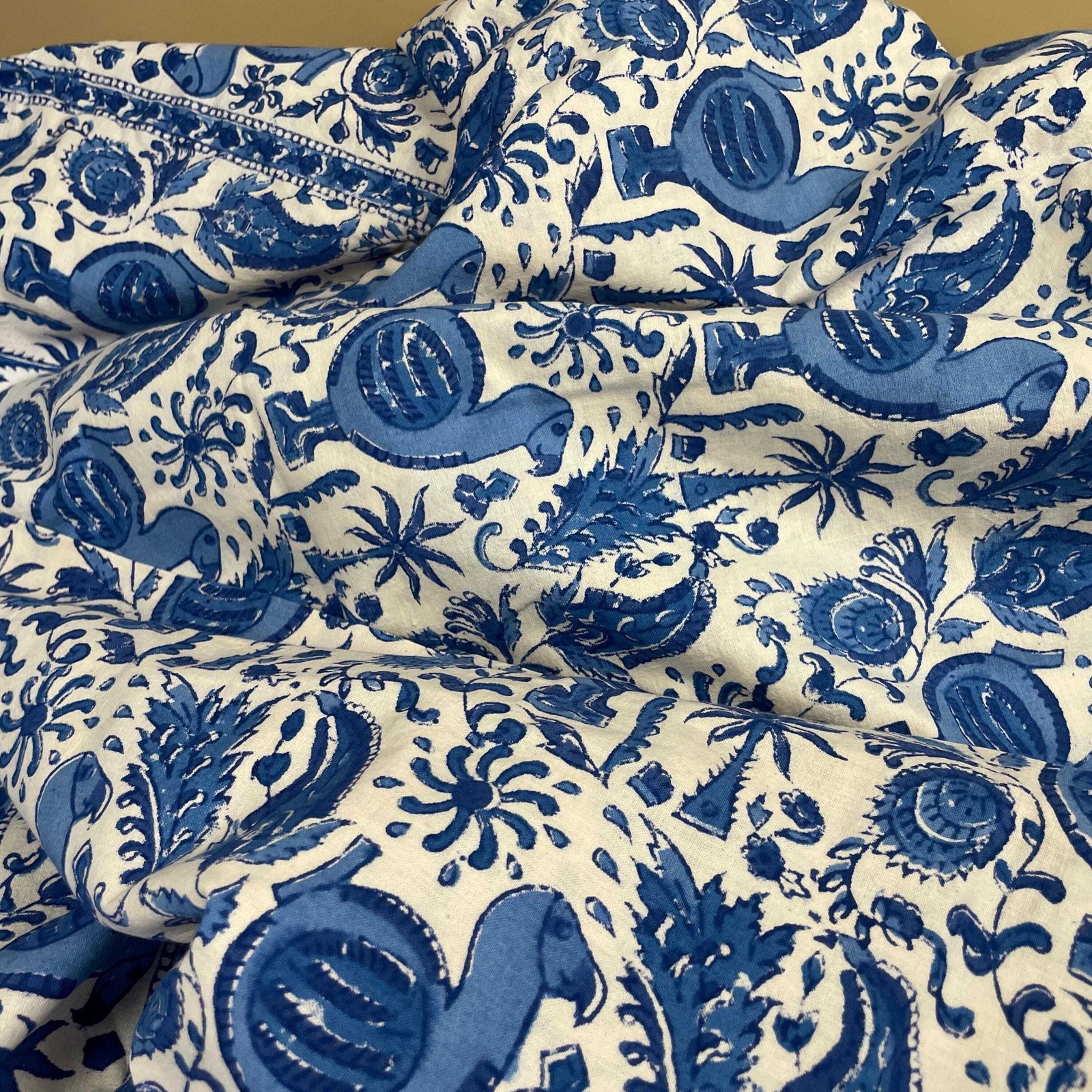 Hand Printed Indian Fabric 262x220cm Dodo Bird Pattern Block Blue White Tapestry Cotton Handmade Craft Dress Making Traditional Cloth India photo 50.0