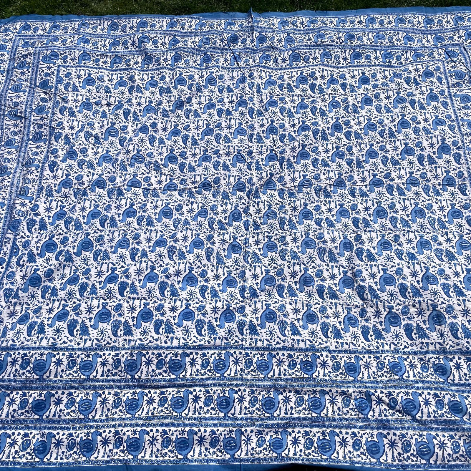 50.0 Hand Printed Indian Fabric 262x220cm Dodo Bird Pattern Block Blue White Tapestry Cotton Handmade Craft Dress Making Traditional Cloth India photo