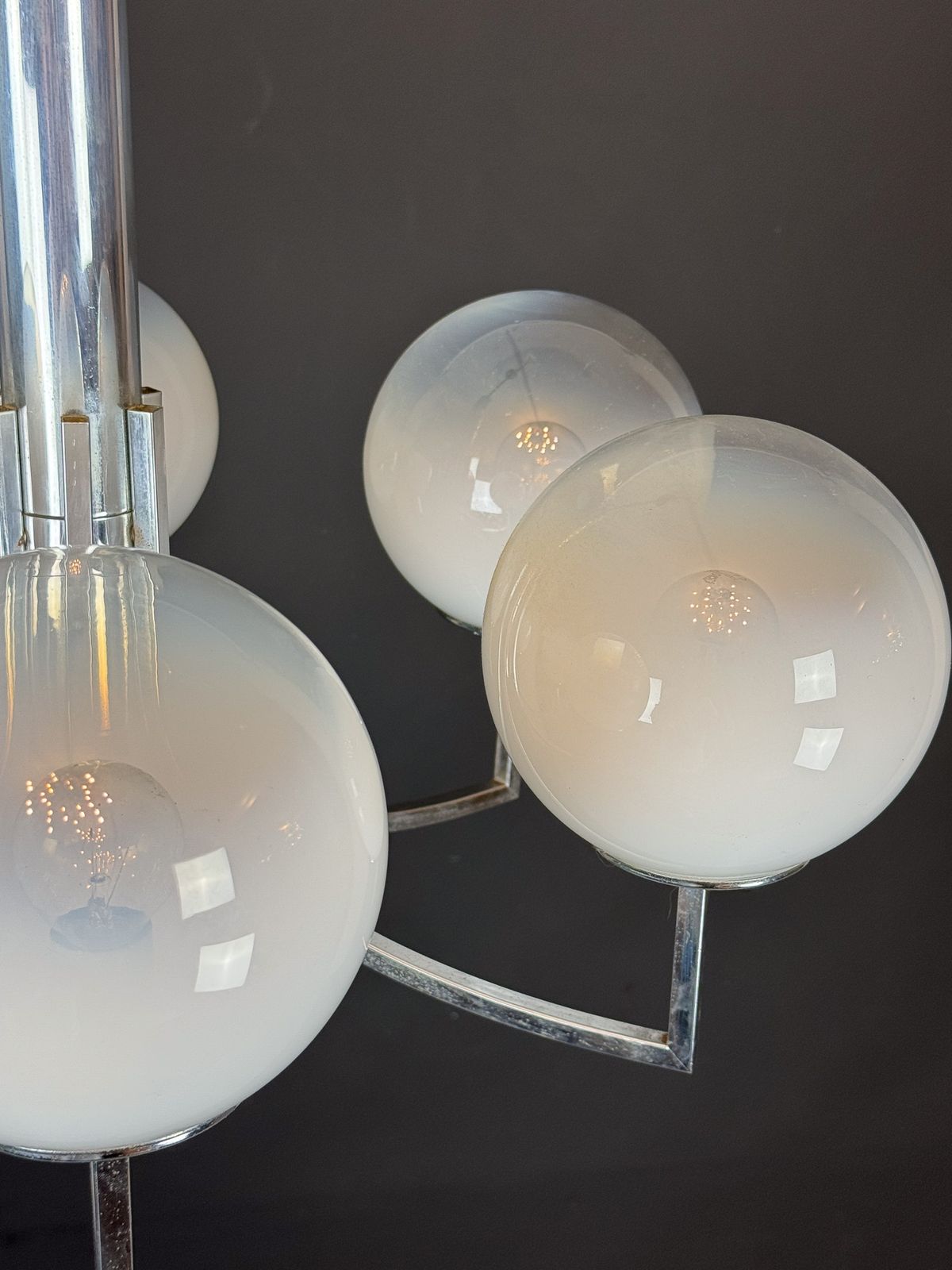 Six Arms Chandelier In Murano Glass Spheres And Chrome. Italy 1960s photo for sale