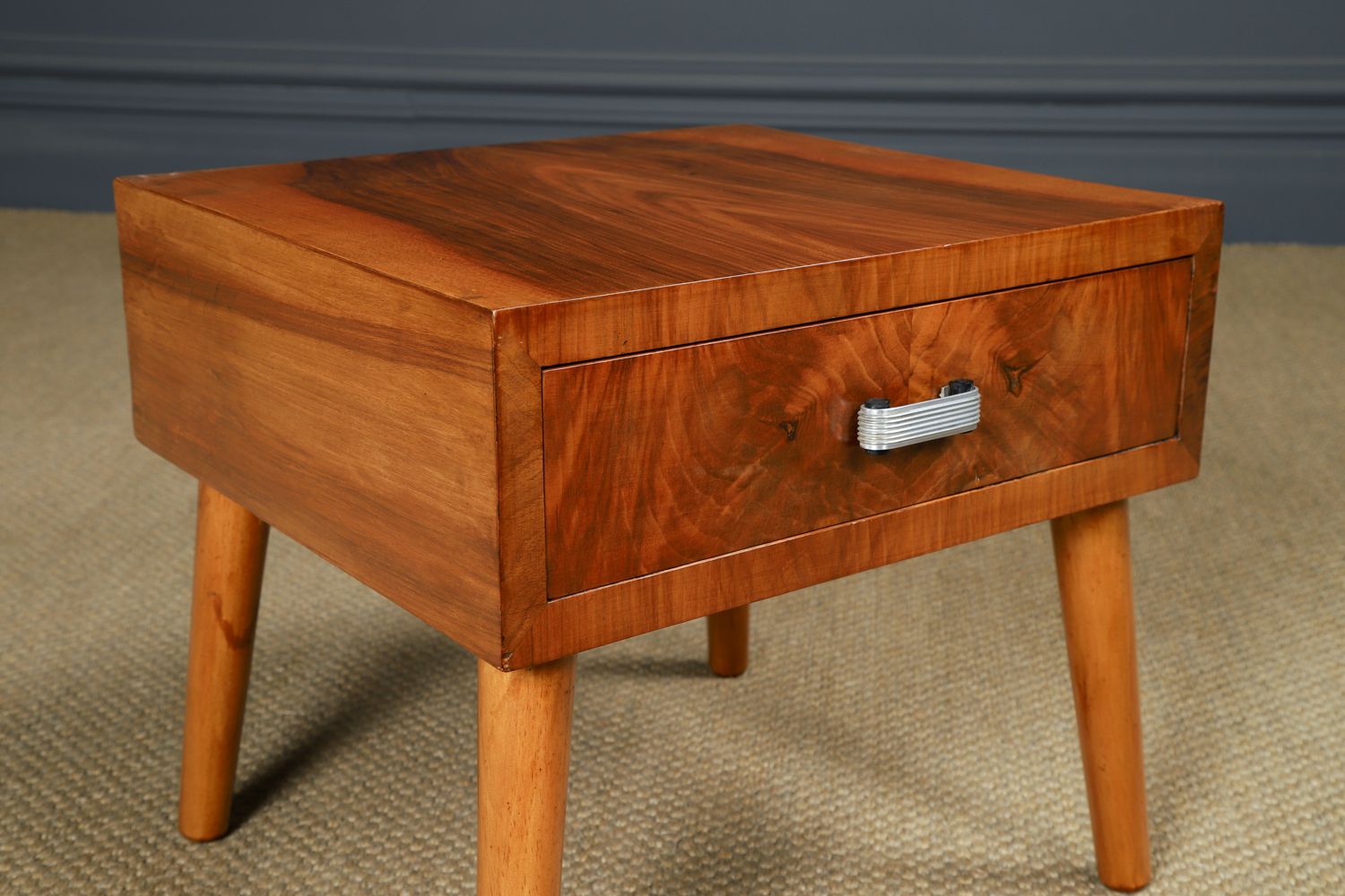 Small English Art Deco Figured Walnut Bedside / Side / Lamp Table With Drawer (Circa 1930) photo vintage