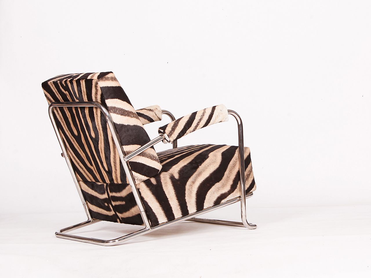 Rare Tubular Steel Loungechair Zebra Hide By Fa. Hynek Gottwald, 1930s photo furniture