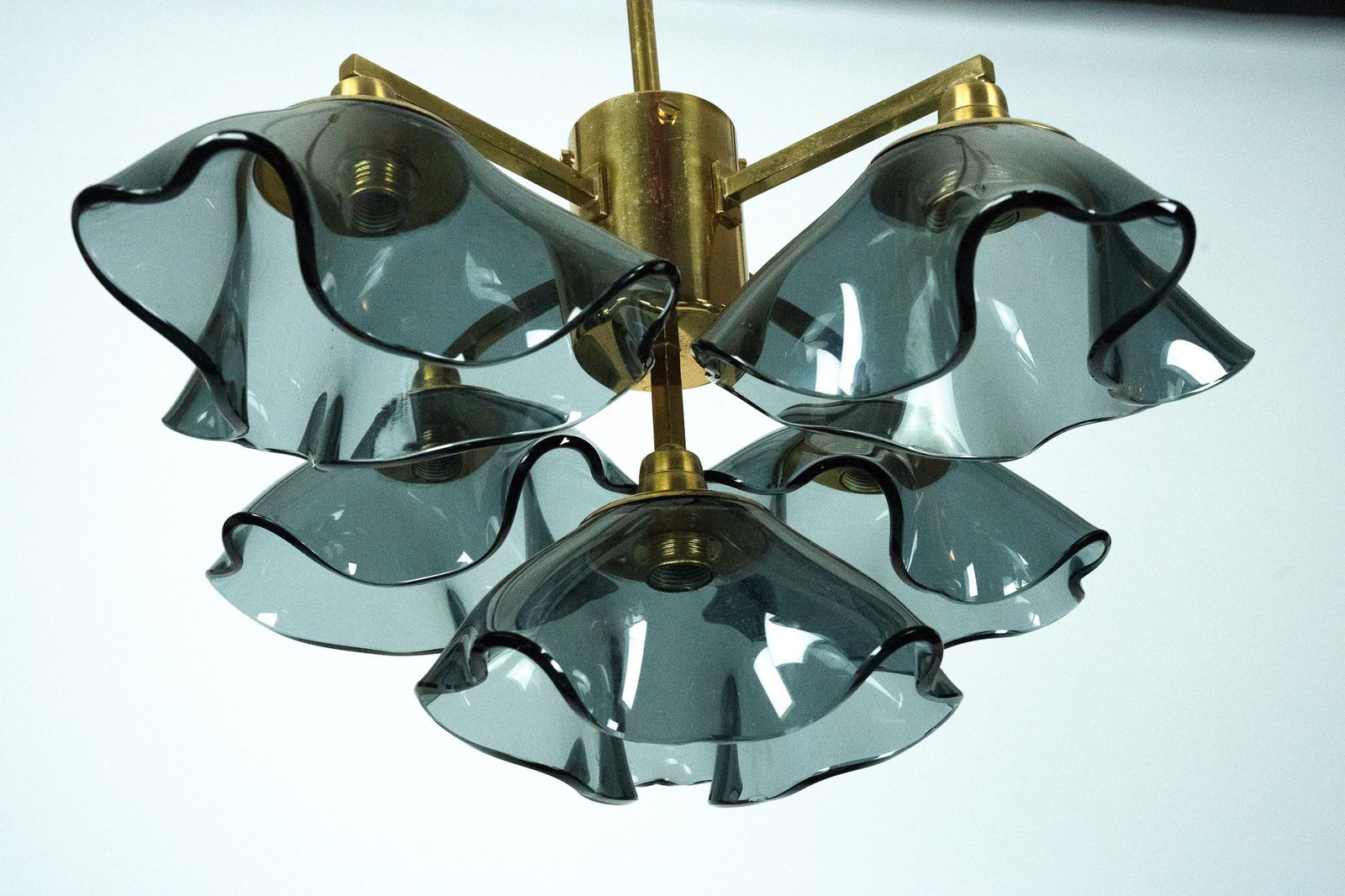 Italian Five Arm Chandelier In Smoked Vistosi Glass And Brass, 1970s photo Lighting