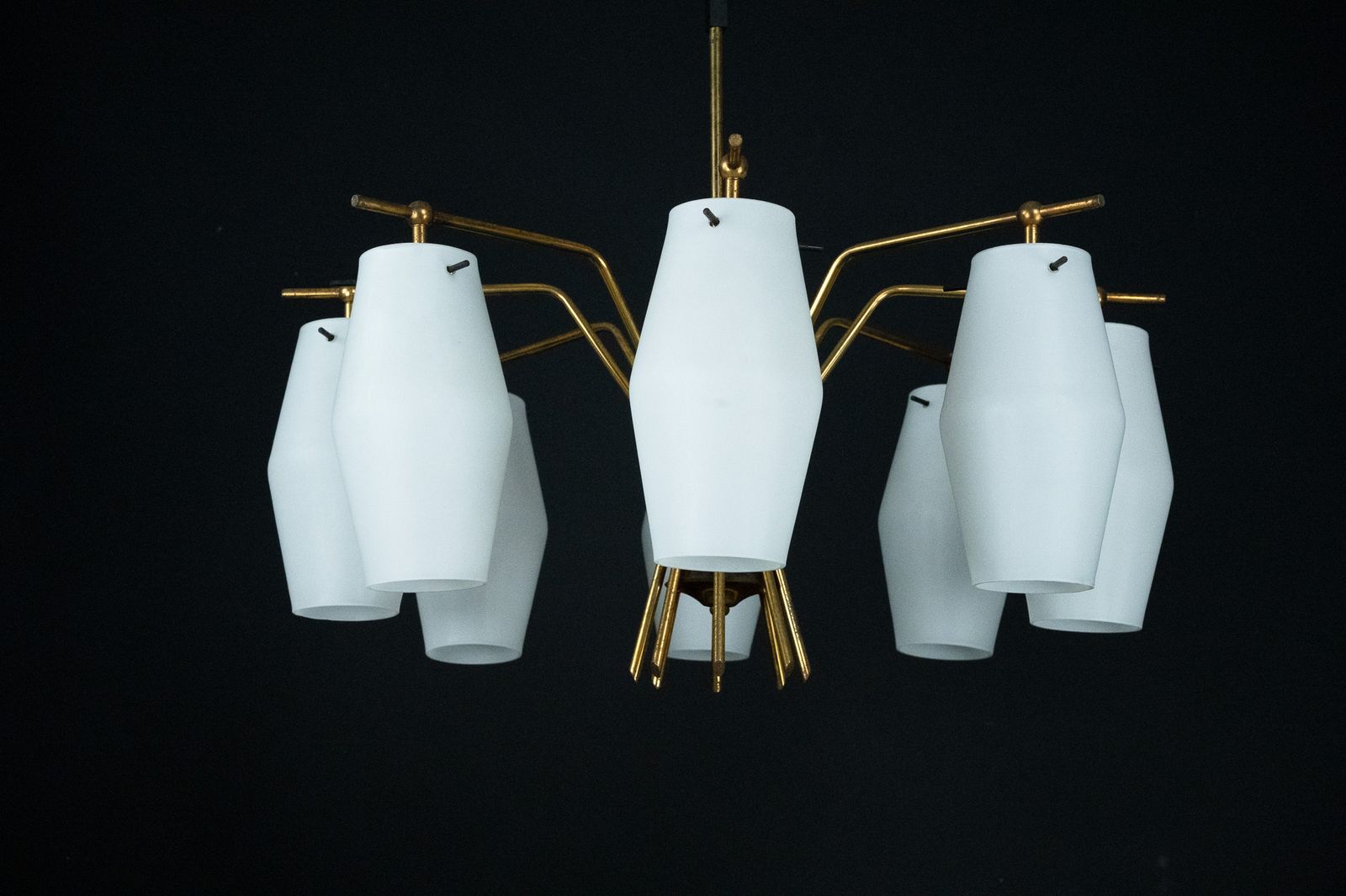 Mid Century Chandelier With Eight Opaline Glass Shades In Stilnovo Manner. Italy 1950s photo furniture