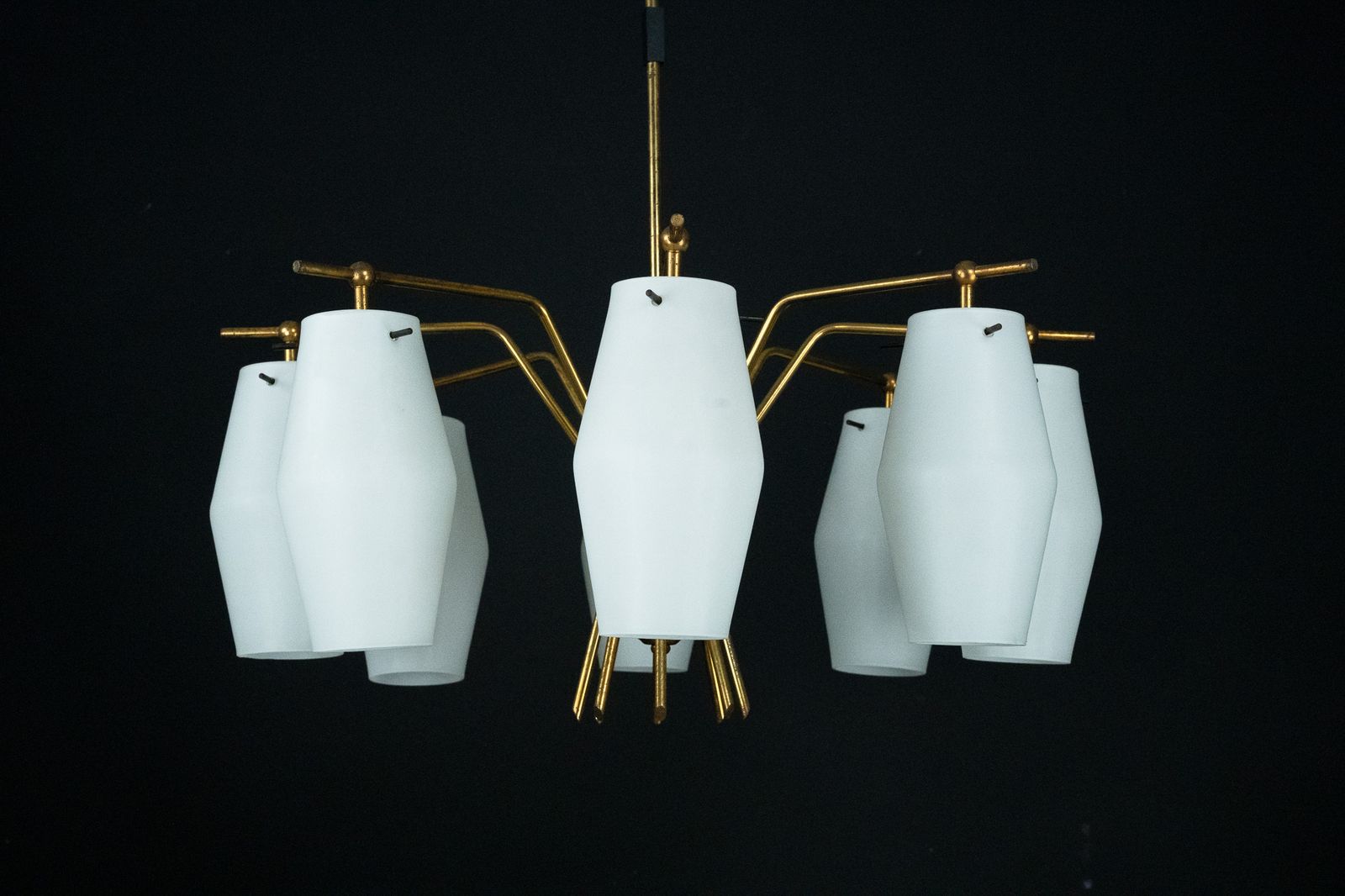 Mid Century Chandelier With Eight Opaline Glass Shades In Stilnovo Manner. Italy 1950s photo for sale