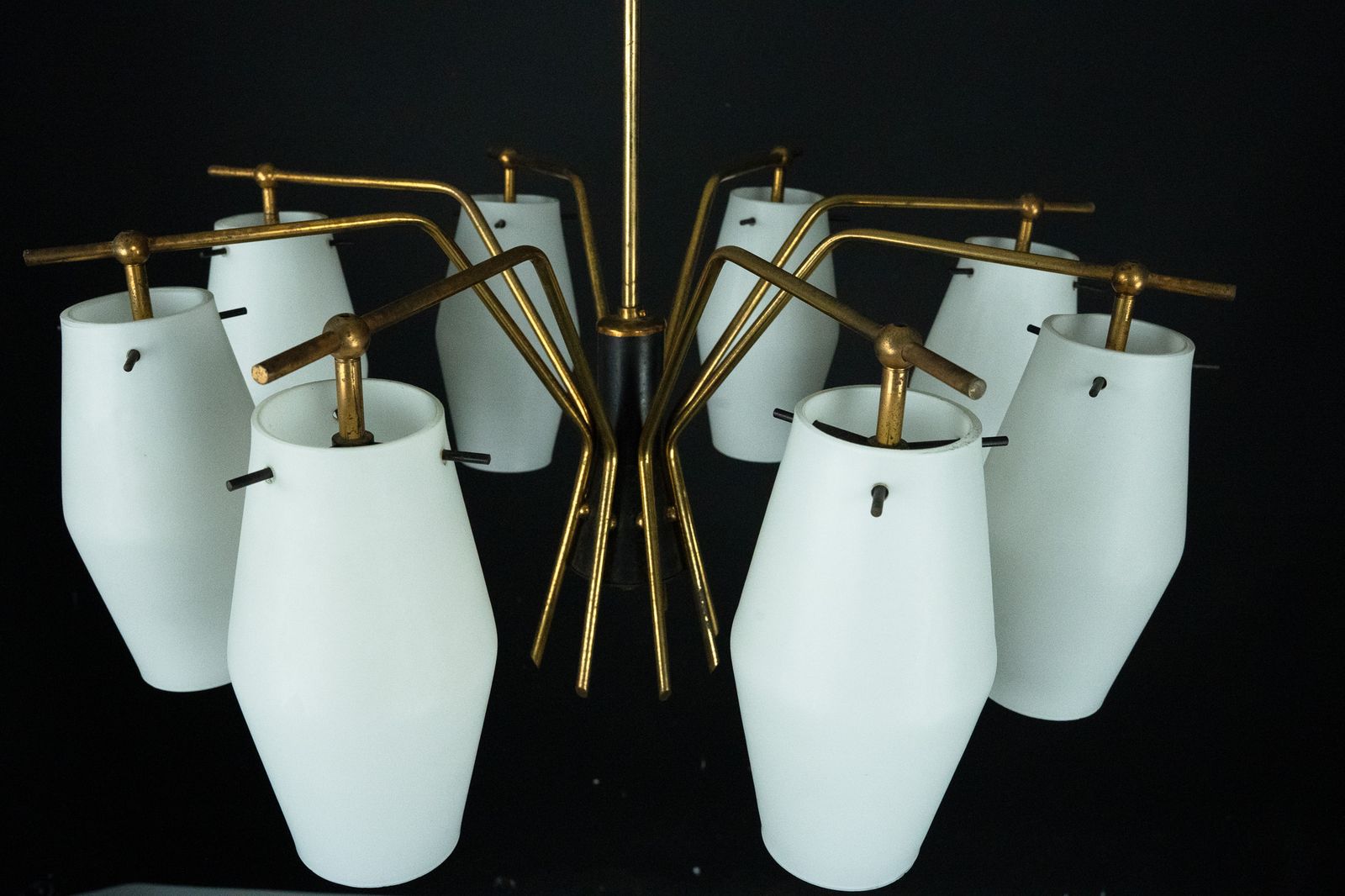 Mid Century Chandelier With Eight Opaline Glass Shades In Stilnovo Manner. Italy 1950s photo vintage