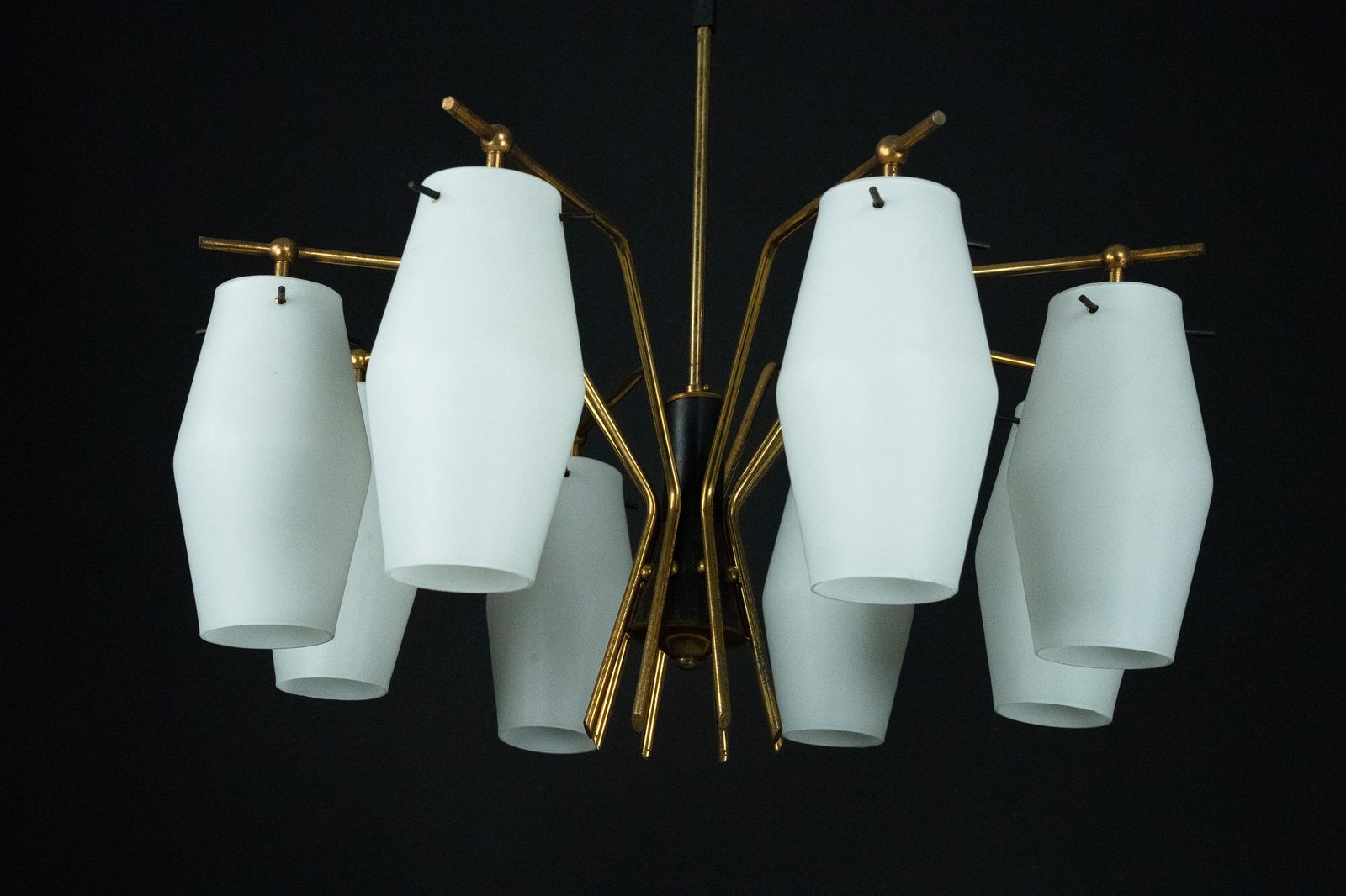 photo for sale Mid Century Chandelier With Eight Opaline Glass Shades In Stilnovo Manner. Italy 1950s