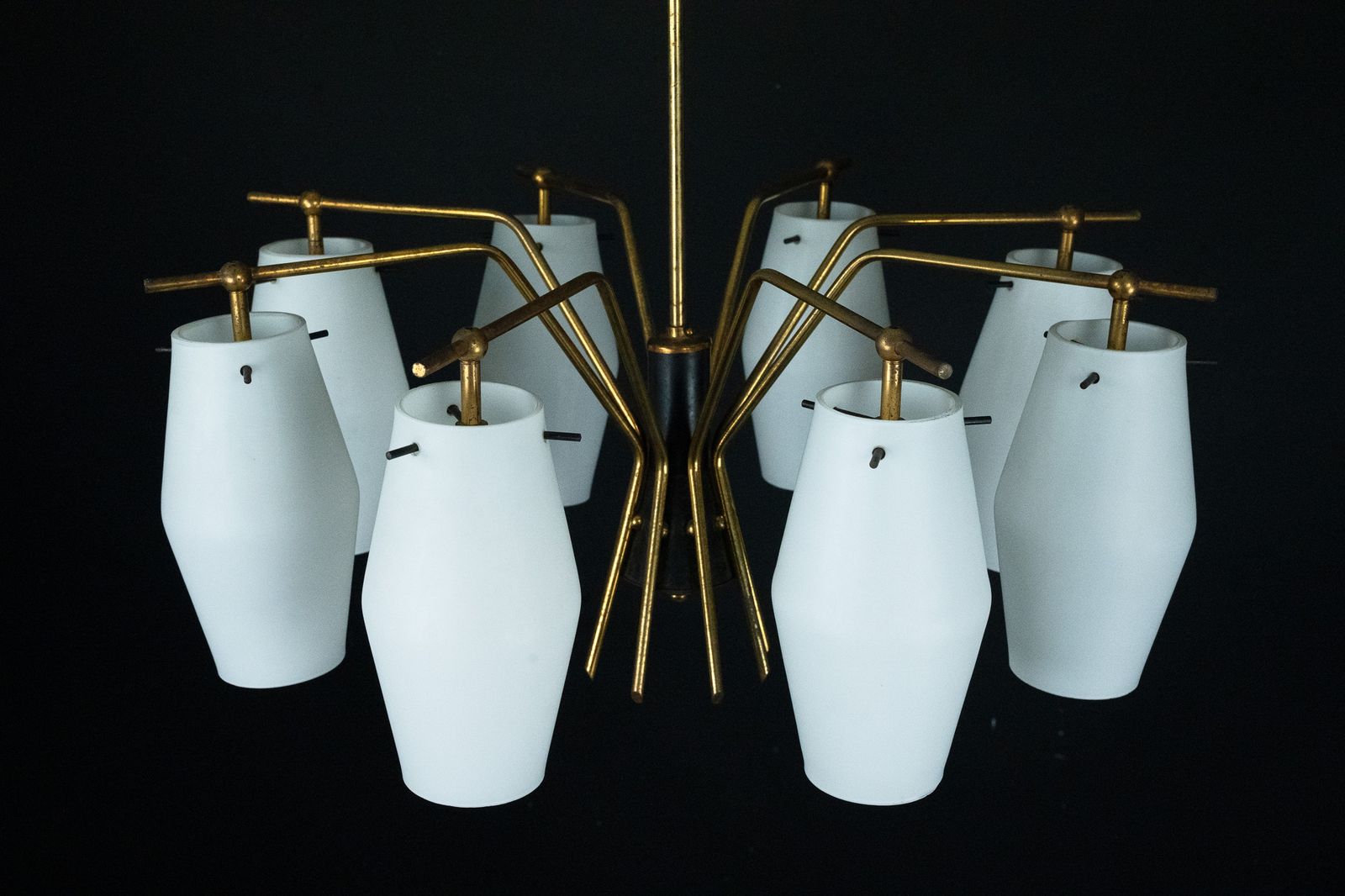 2860.0 Mid Century Chandelier With Eight Opaline Glass Shades In Stilnovo Manner. Italy 1950s photo