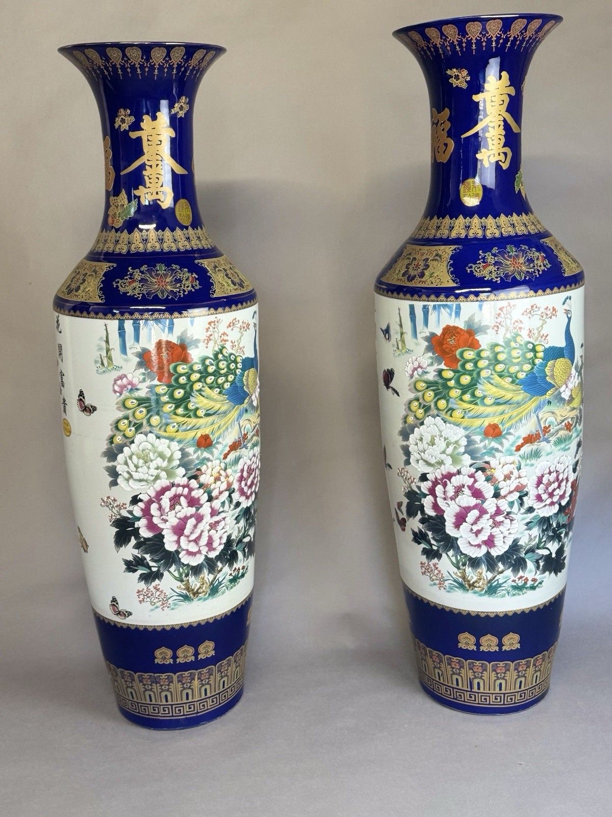 Majestic Pair Of Large Chinese Cobalt Blue & Gold Porcelain Floor Vases