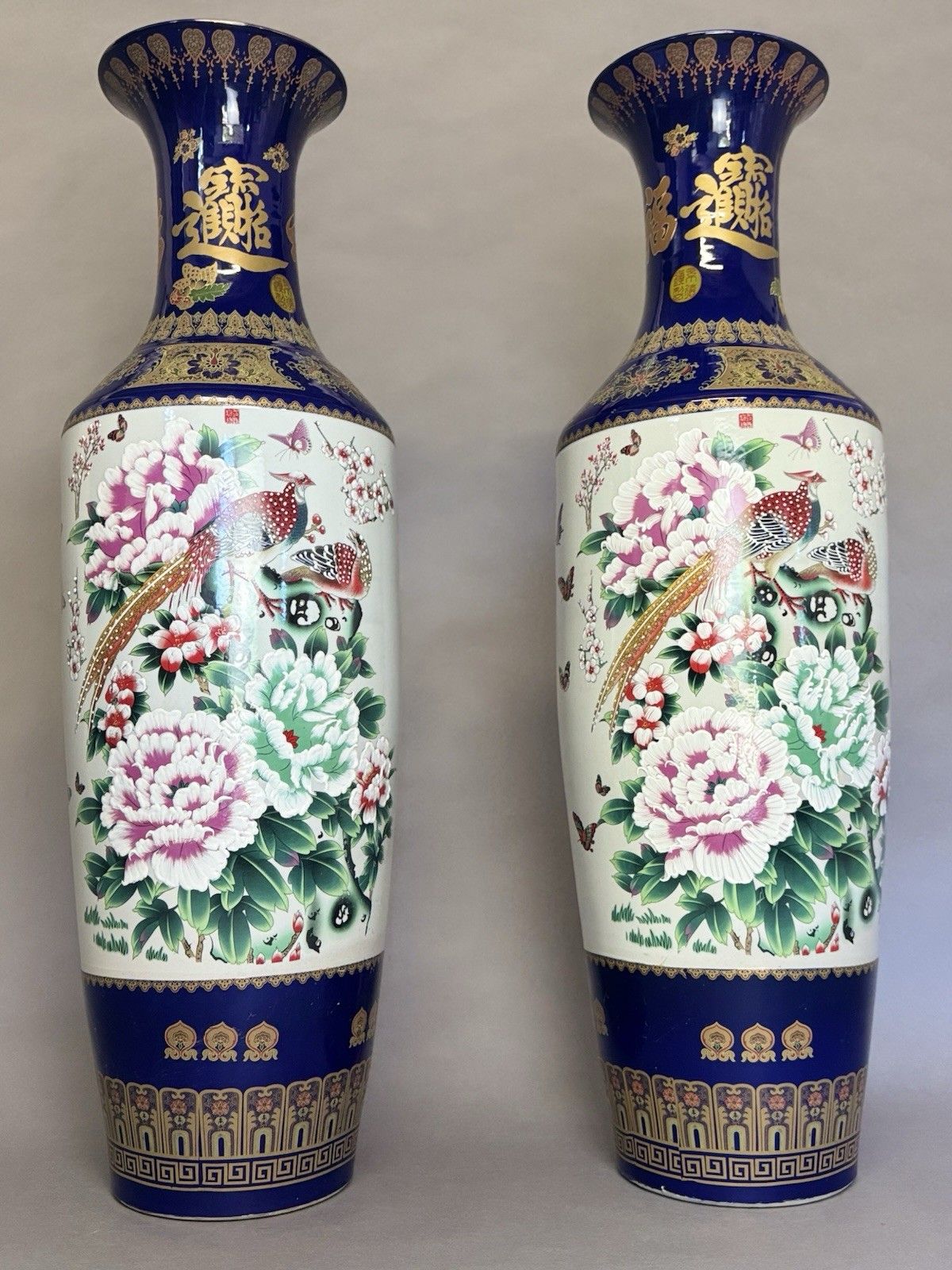 photo furniture Majestic Pair Of Large Chinese Cobalt Blue & Gold Porcelain Floor Vases