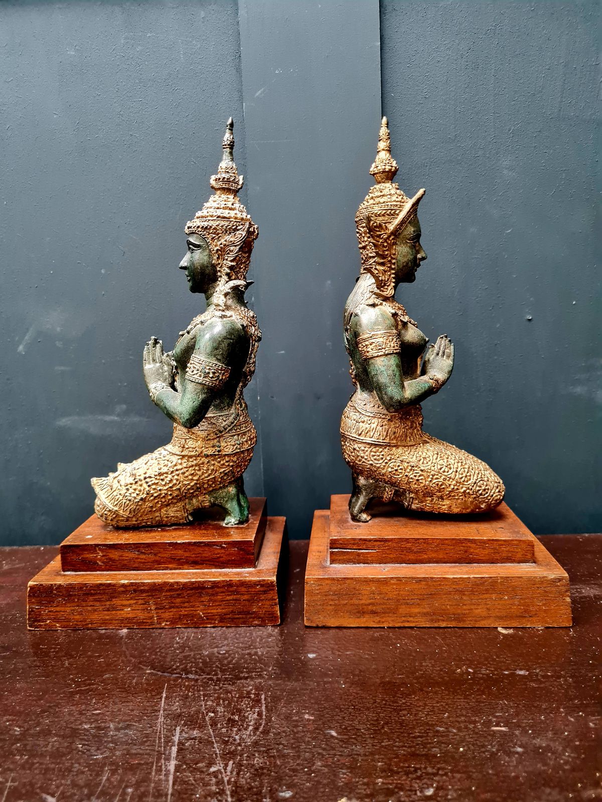Pair Of Early 20th Century Solid Bronze Thai Temple Guardians   Thepphanom photo 245.0