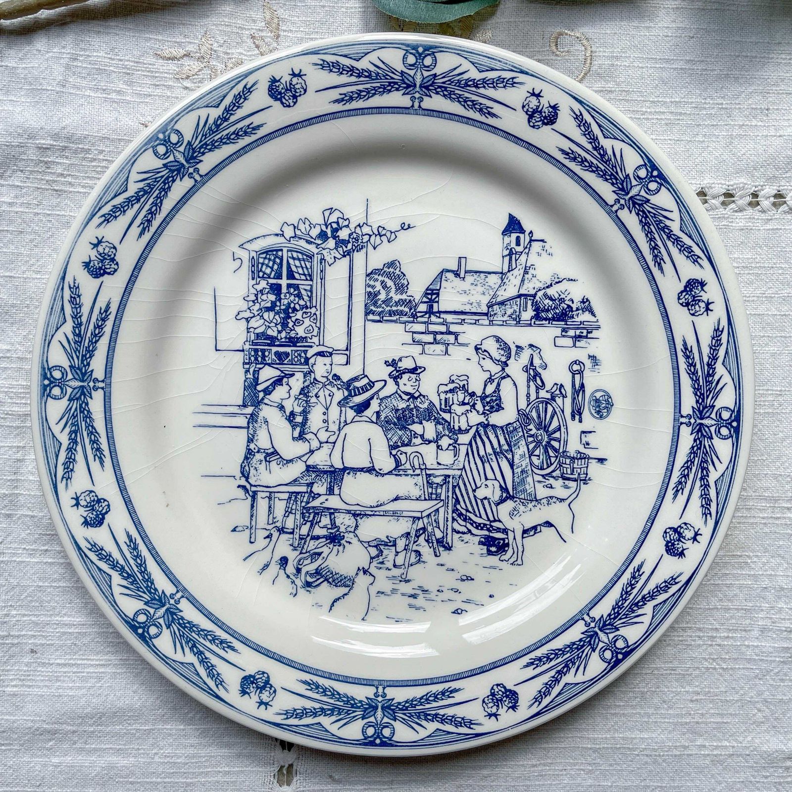 Set Of 7 Antique Gien Earthenware Dinner Plates   Ball Scene   Alsatian Village Festival   Decoration photo buy