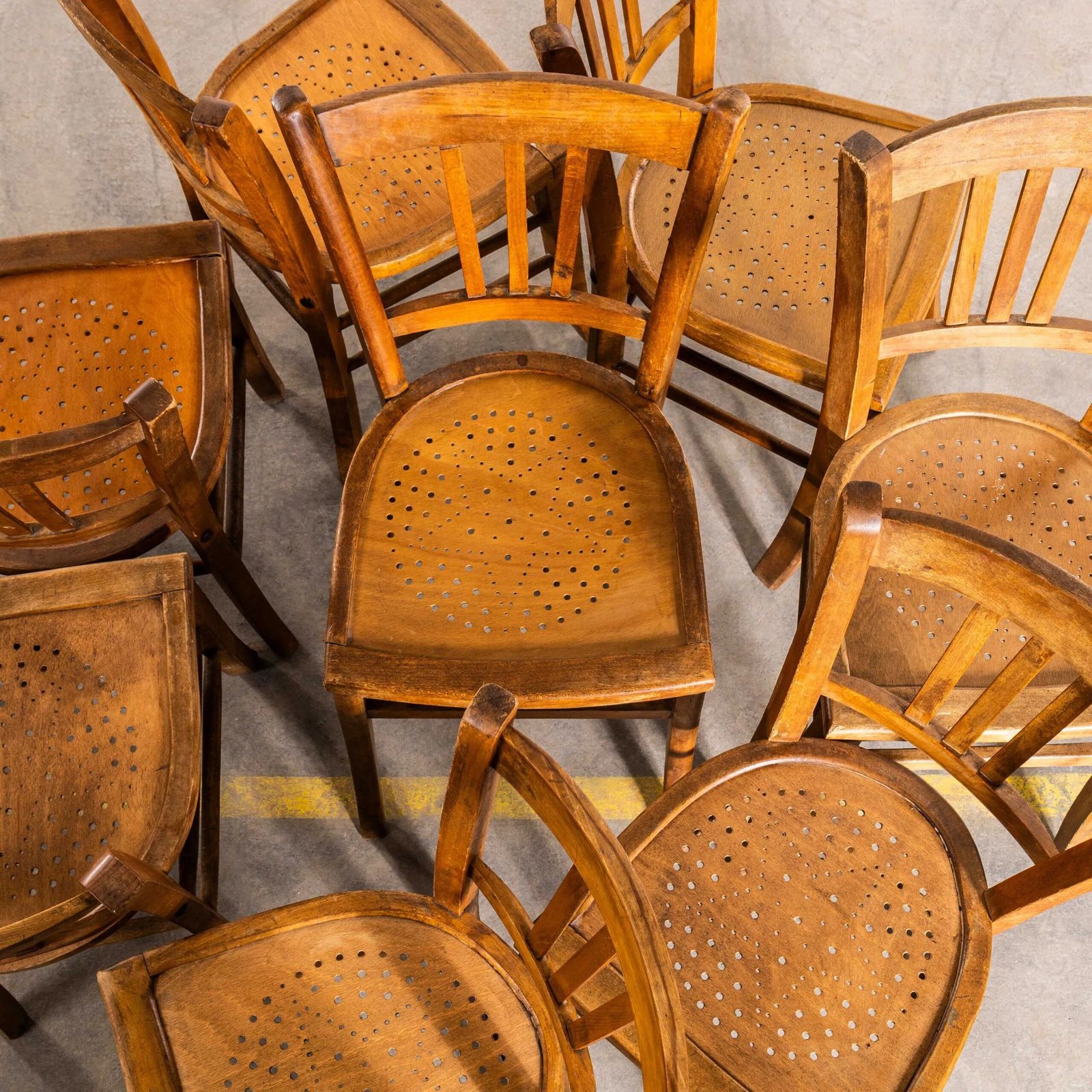 1930’s French Farmhouse Perforated Seat Dining Chairs – Set Of Eight photo vinterior