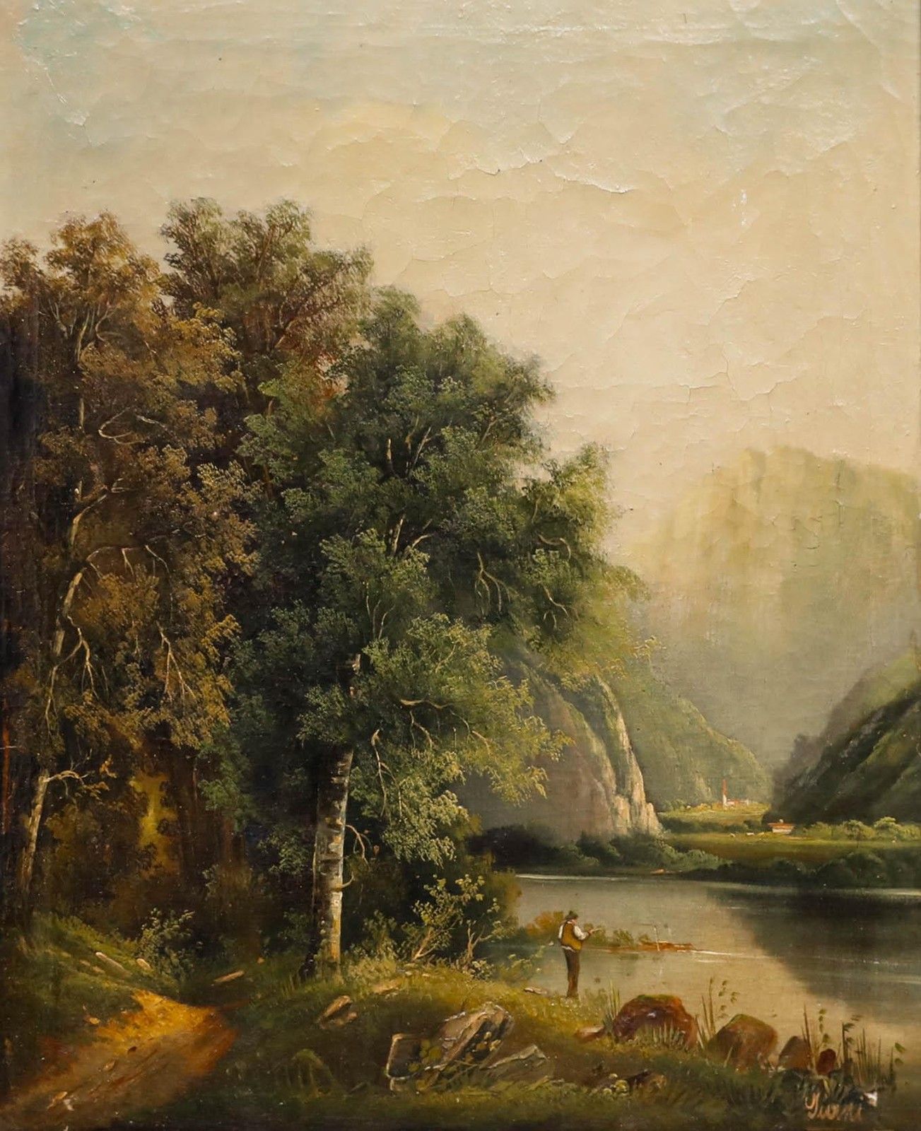 Giani Framed 19th Century Oil, Fishing In The Mountains photo furniture