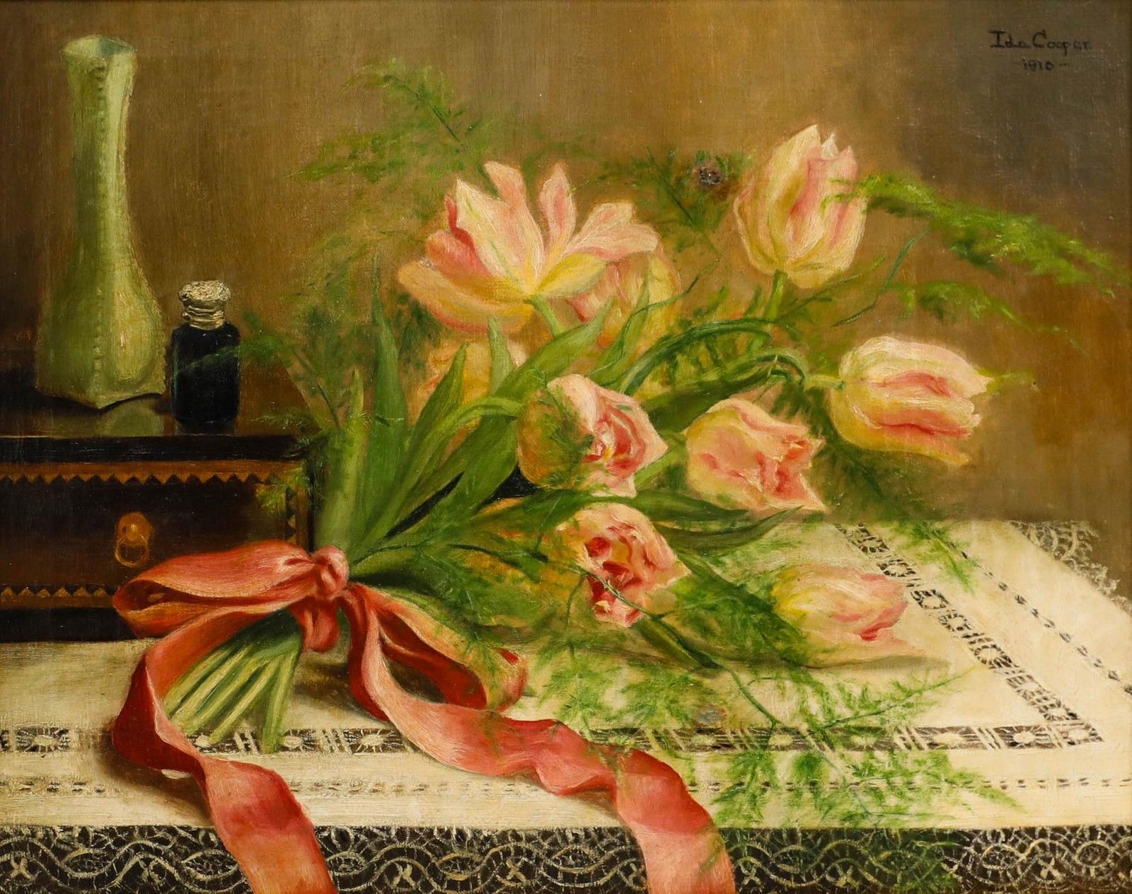 Ida Cooper Framed 1910 Oil, Still Life With Tulips photo furniture