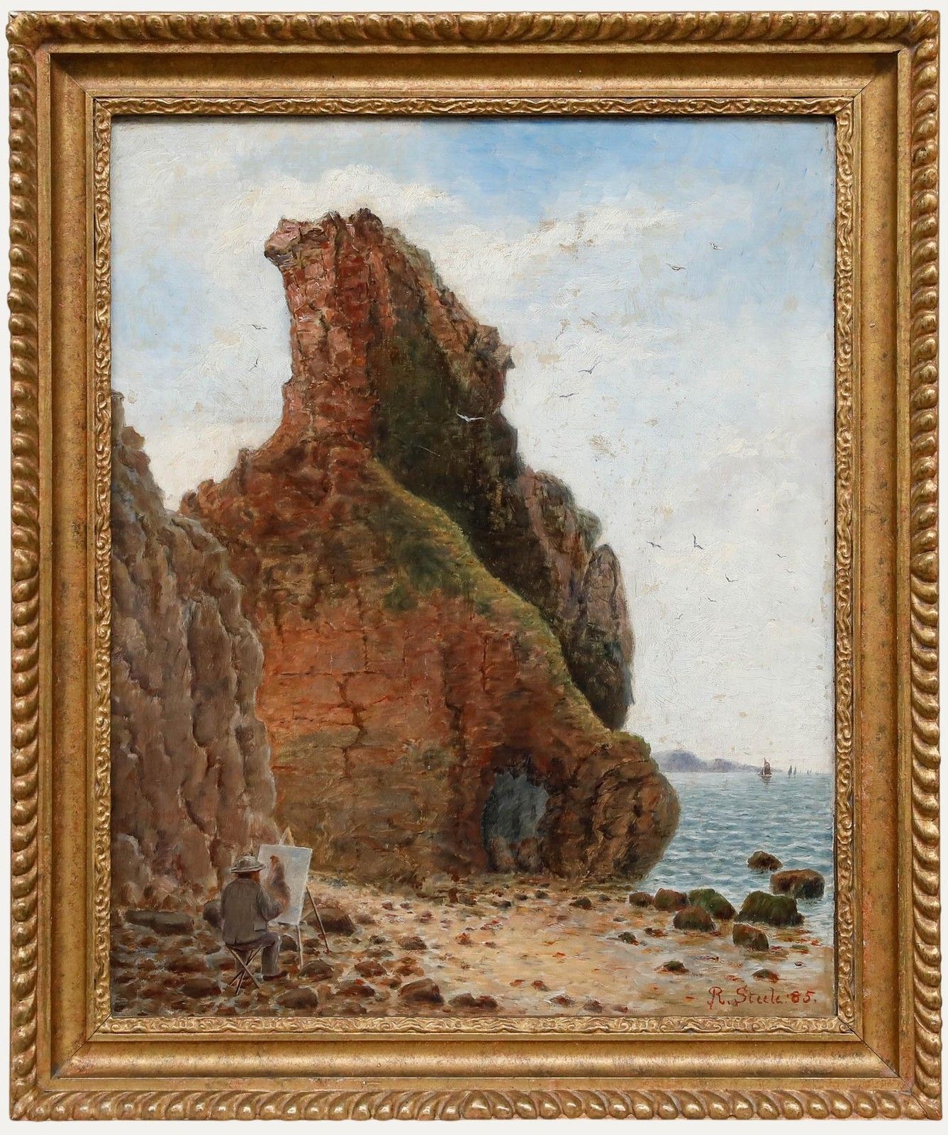 R. Steele Framed Late 19th Century Oil, Artist Amongst The Cliffs