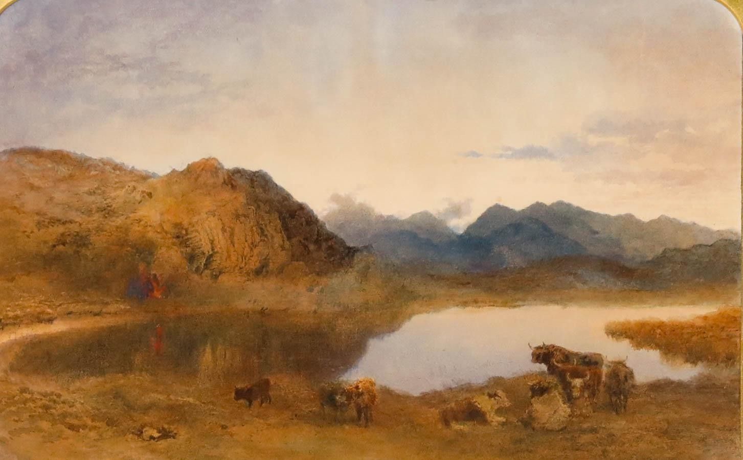Framed 19th Century Watercolour Cattle In A Mountain Landscape photo furniture
