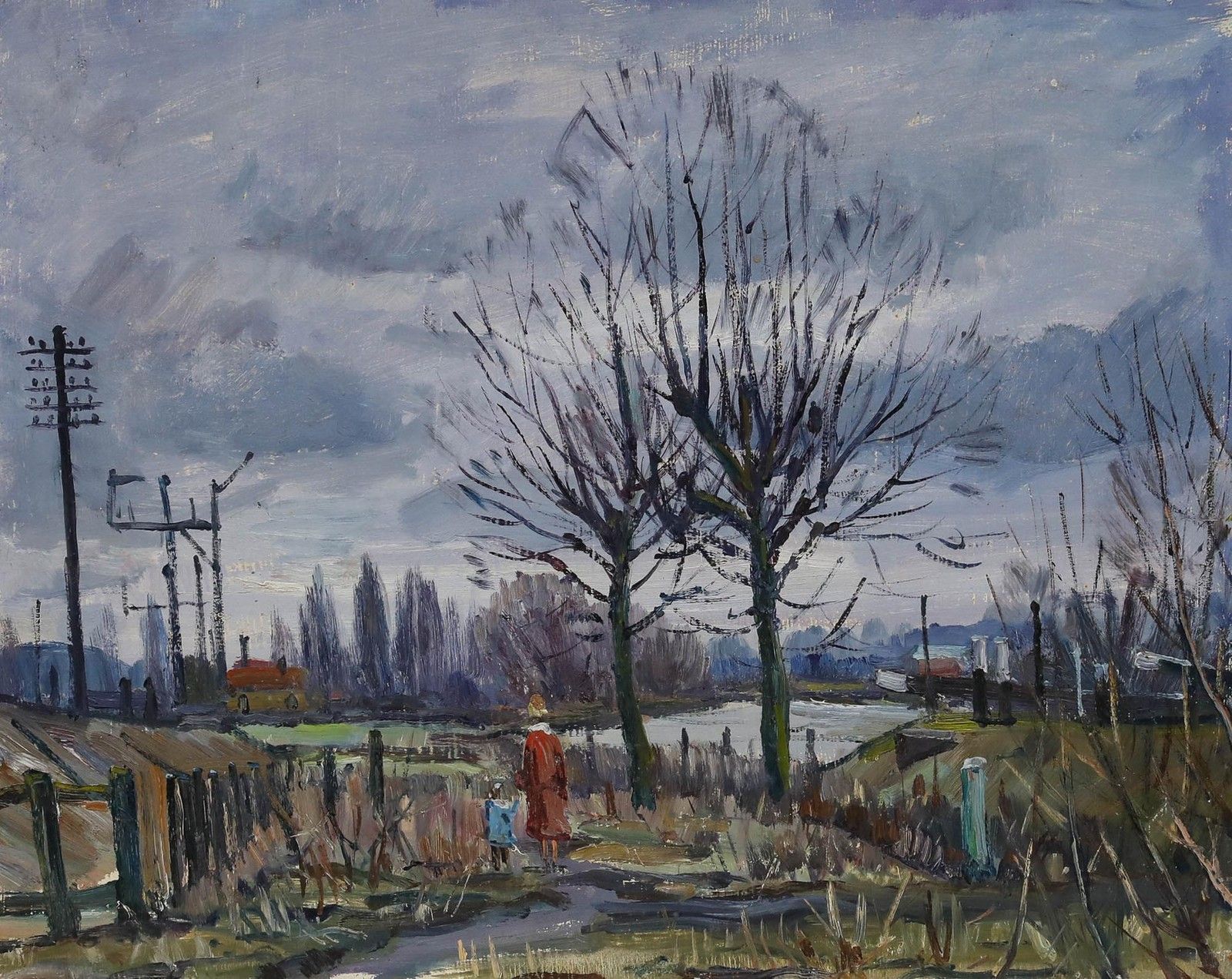 Derek Arthur Ede (1922 1983) Mid 20th Century Oil, A Winter Walk photo furniture