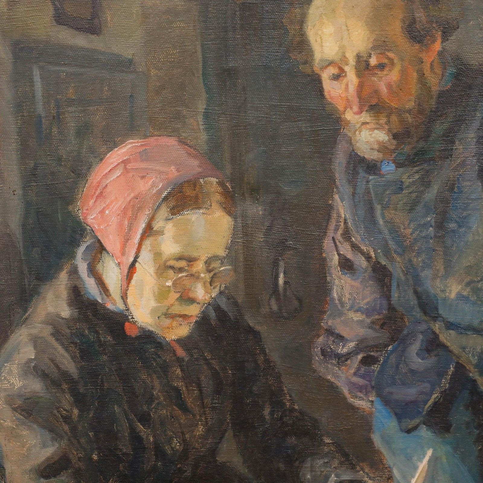 S. Sorensen 20th Century Oil, Couple Reading A Letter photo Art