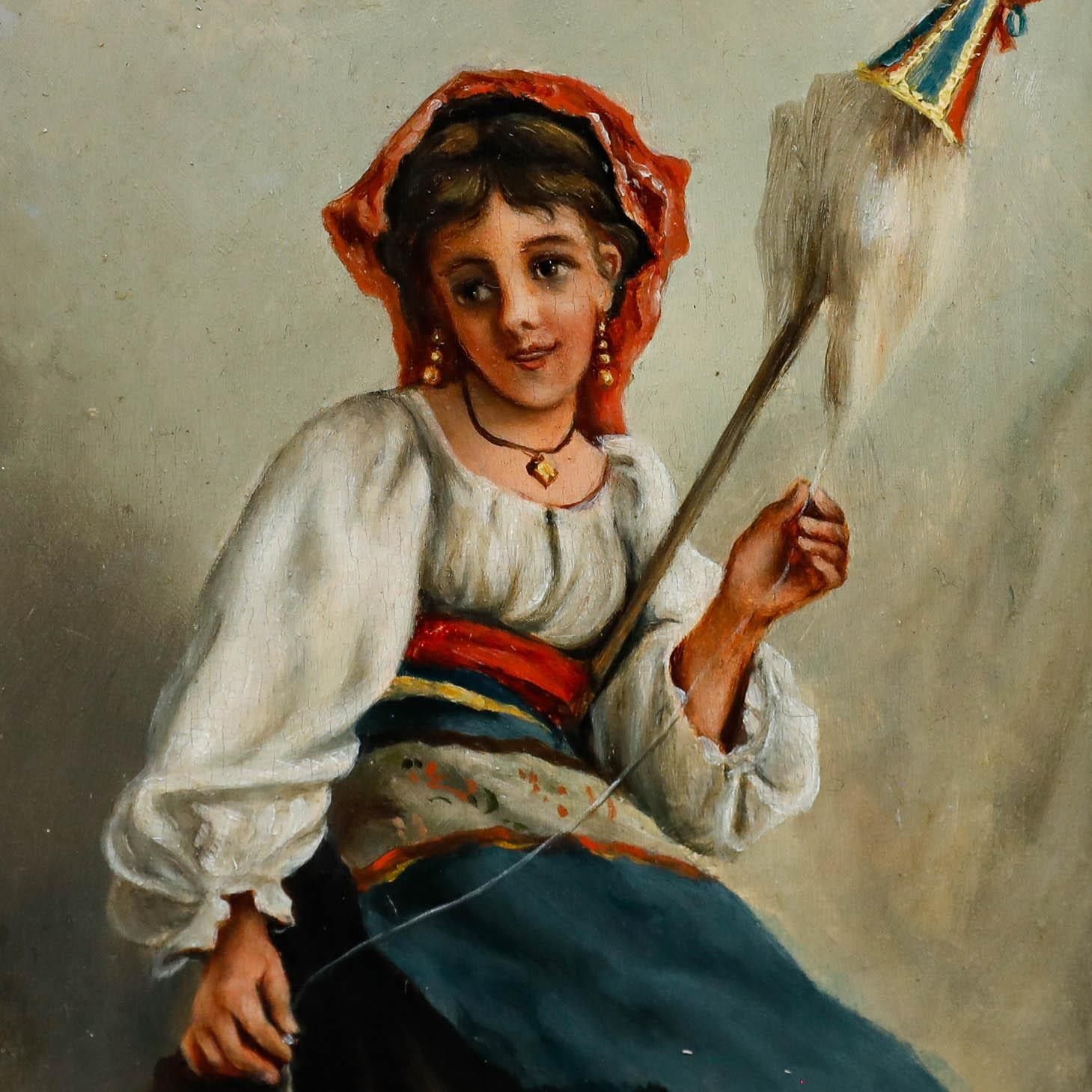 Italian School Late 19th Century Oil La Fileuse photo Art