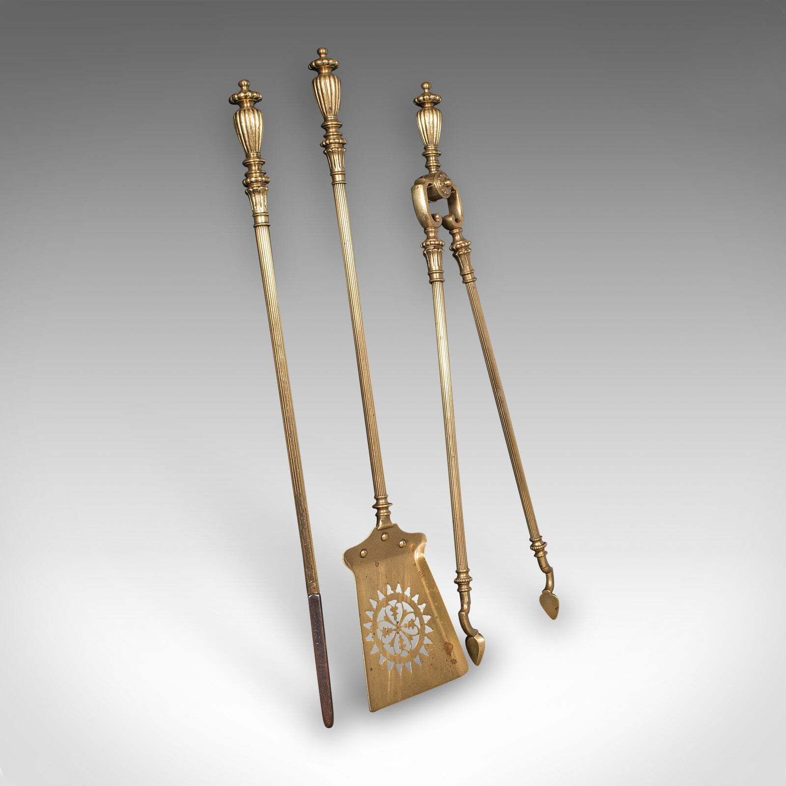 Antique Fireplace Tool Suite, English, Brass, Shovel, Poker, Tongs, Victorian photo furniture
