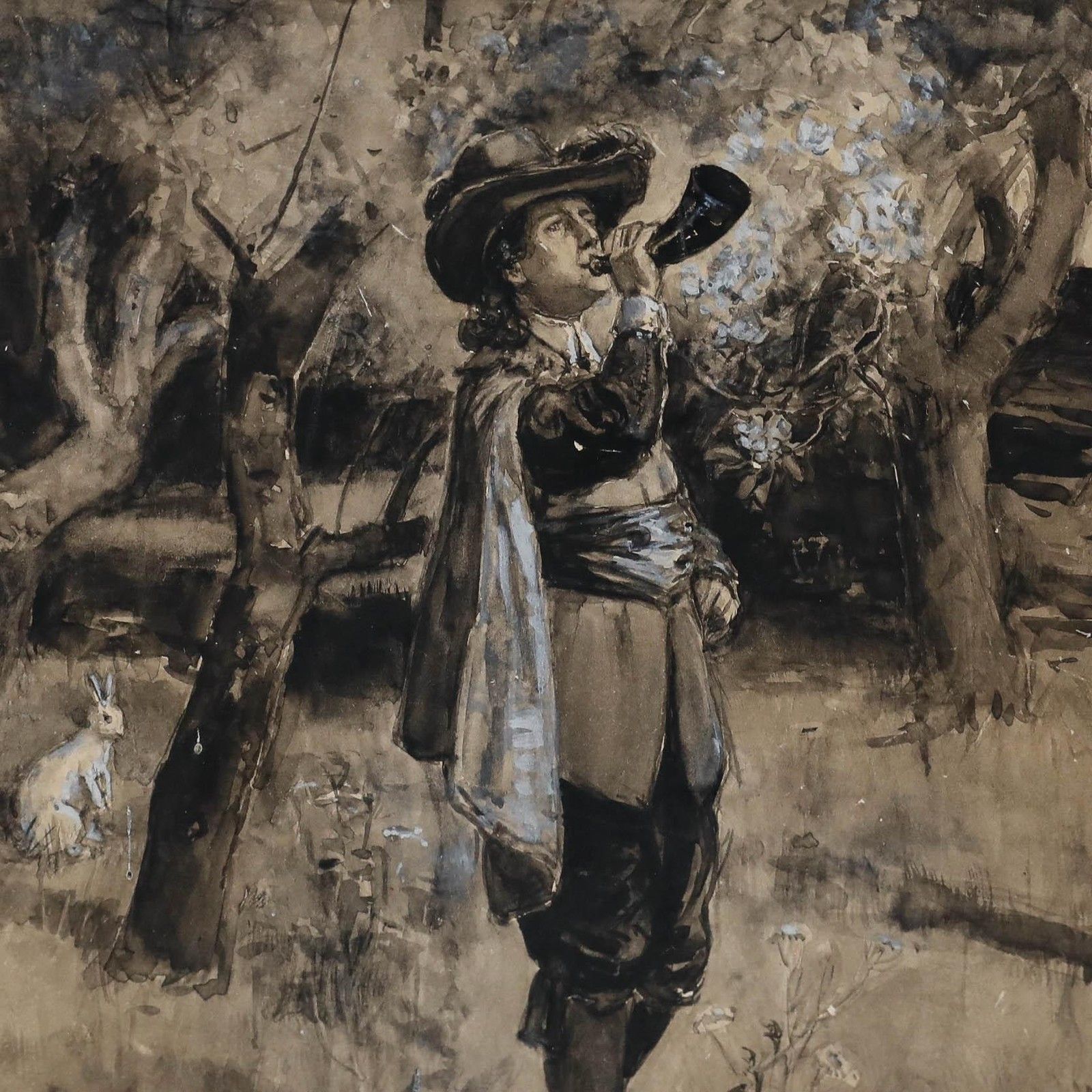 John Ley Pethybridge (1865–1905) 19th Century Watercolour, Horn Blower photo for sale