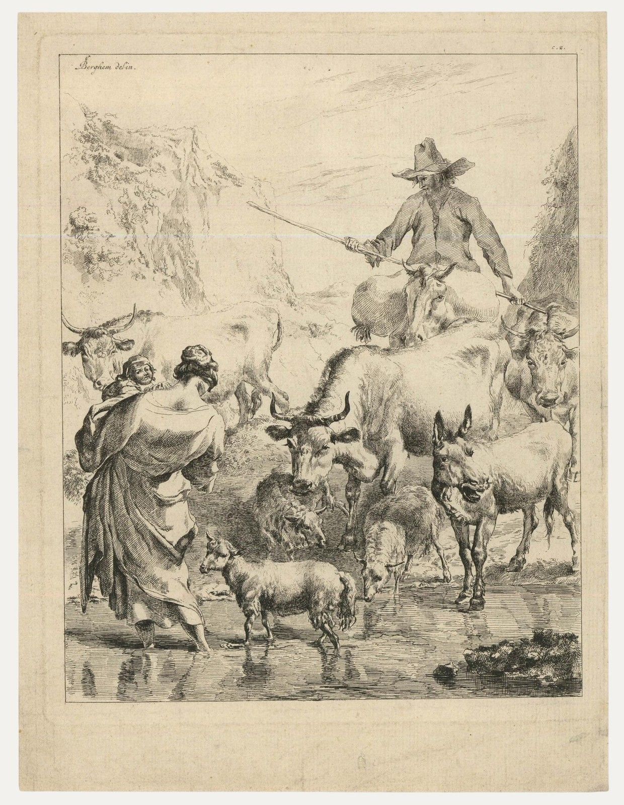 Nicolaes Berchem (1620 1683) 19th Century Etching, The Herd Crossing The Brook