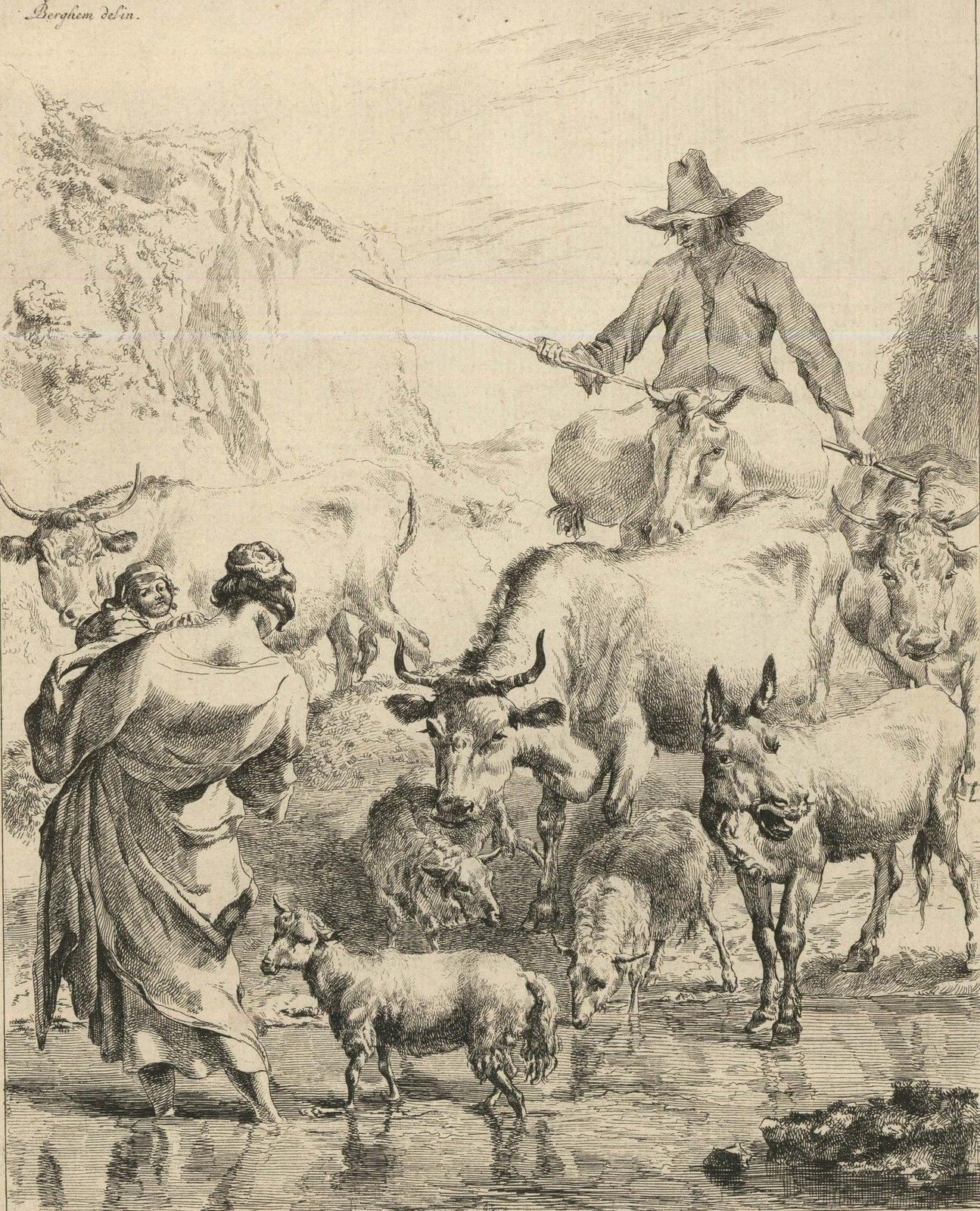 Nicolaes Berchem (1620 1683) 19th Century Etching, The Herd Crossing The Brook photo furniture