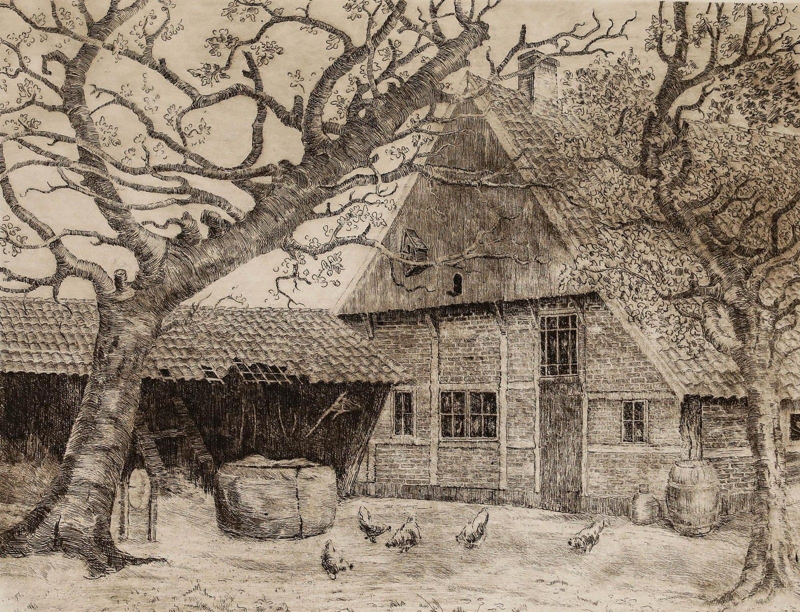 Pieter Arie Nijgh (1876 1959) Early 20th Century Etching, Twente Farmhouse photo furniture