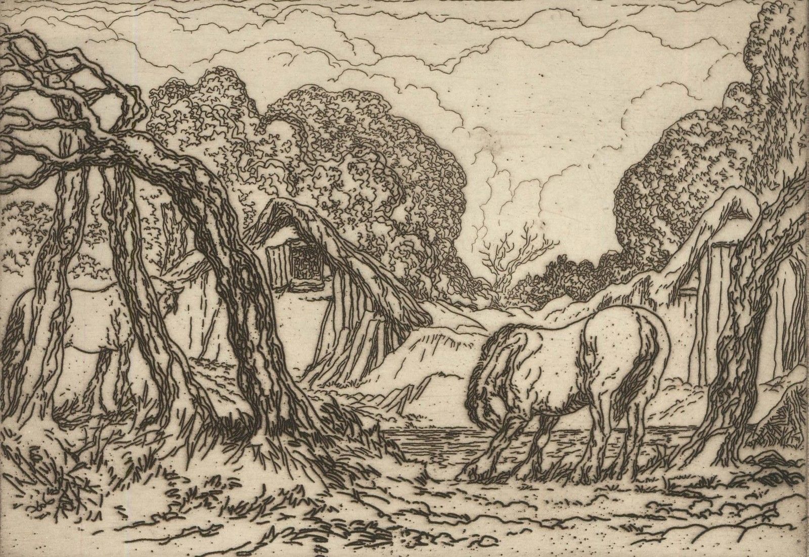 Anton Lock (1893 1971) Early 20th Century Etching, Horse Resting photo furniture