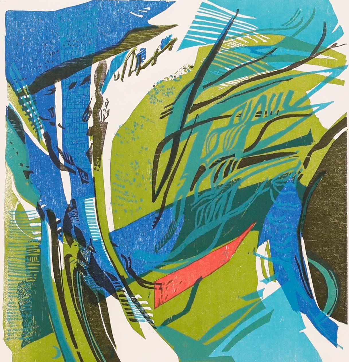 Maja Zürcher (1945 1997) Framed Contemporary Woodcut, Sinuous River photo furniture