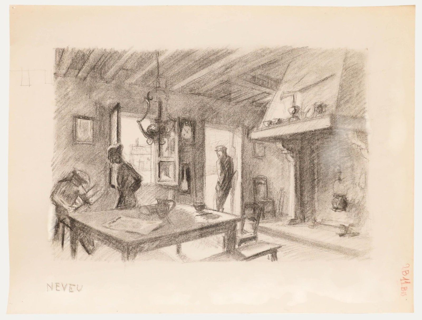 Pierre Neveu (B.1929) Mid 20th Century Charcoal Drawing, Interior Scene