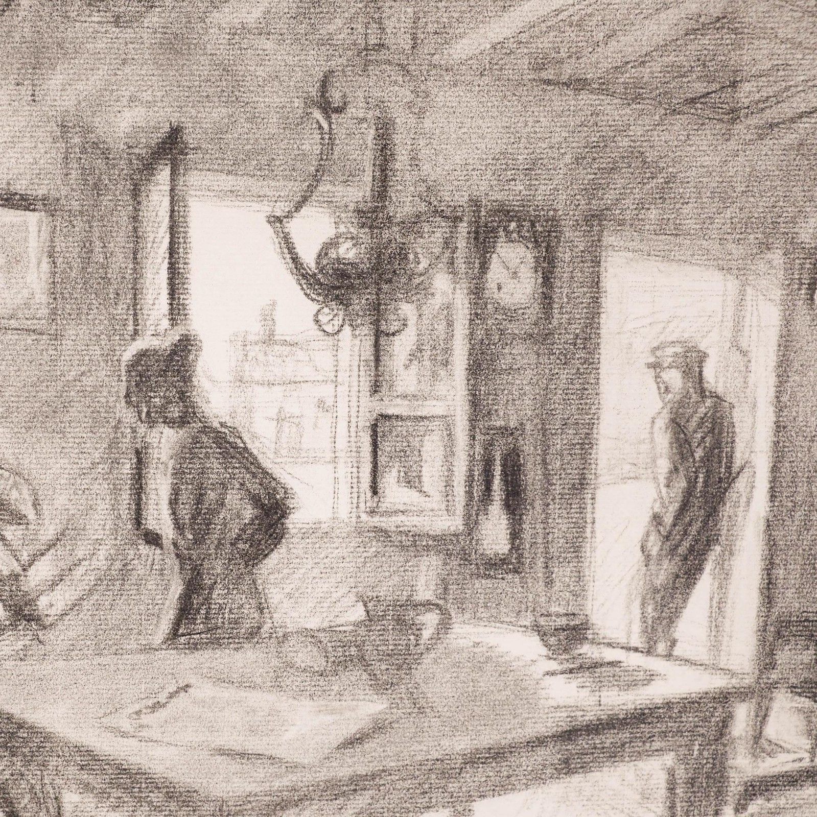 Pierre Neveu (B.1929) Mid 20th Century Charcoal Drawing, Interior Scene photo Art