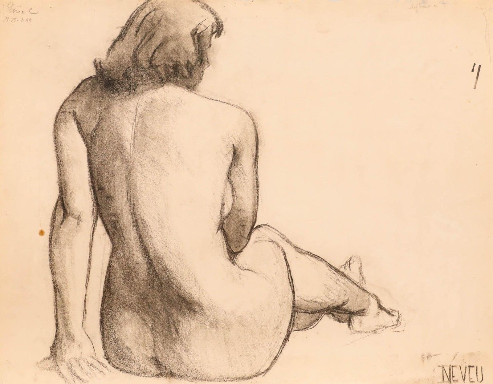 Pierre Neveu (B.1929) 1949 Charcoal Drawing, Study Of A Lady photo furniture
