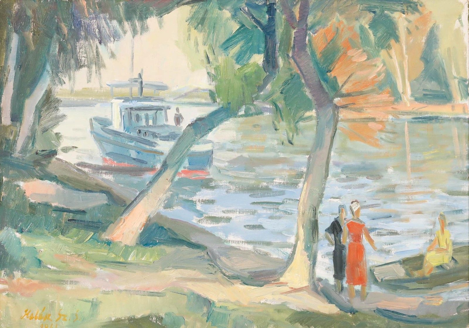 Szabò Sándor Halasz (1920 1996) Framed Mid 20th Century Oil, Flusspartie photo furniture