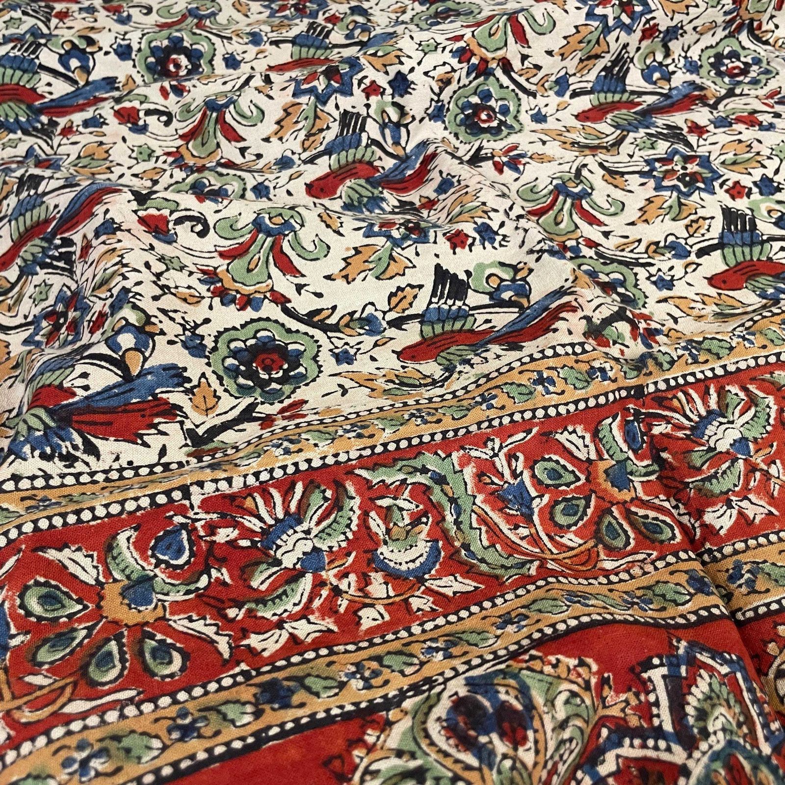 Hand Printed Indian Fabric 215x170cm Pattern Block Beige Blue Red Tapestry Cotton Handmade Craft Round Making Traditional Cloth India photo Art