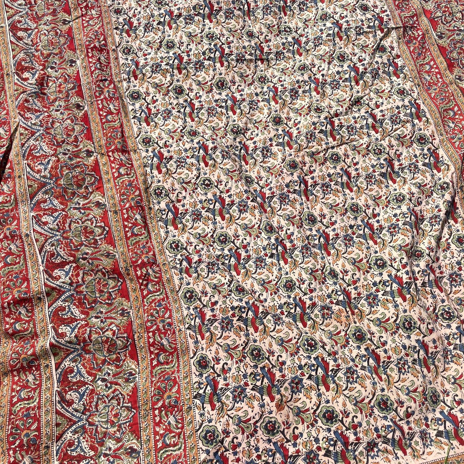 photo vinterior Hand Printed Indian Fabric 215x170cm Pattern Block Beige Blue Red Tapestry Cotton Handmade Craft Round Making Traditional Cloth India