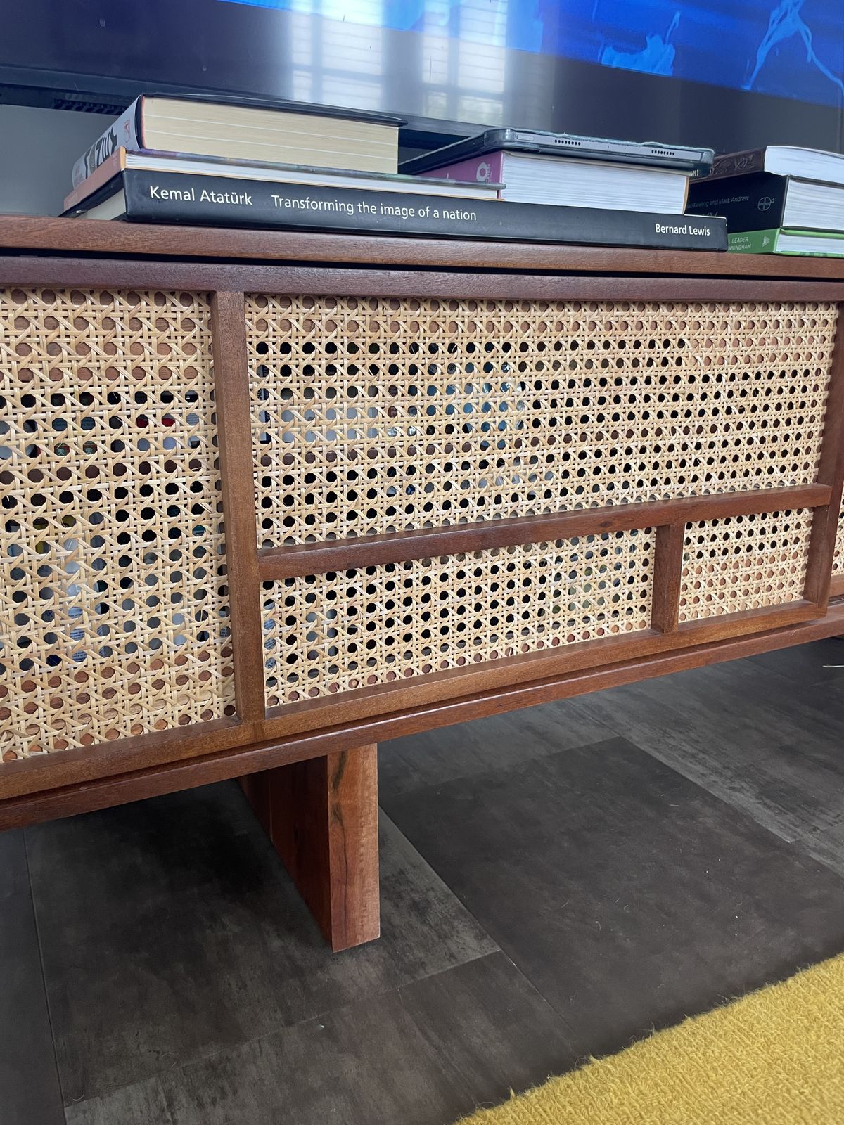 photo furniture Swoon Brand Tv Stand, Dark Brown Acacia & Natural Rattan