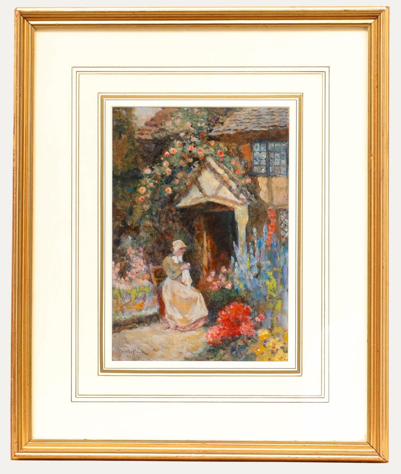 David Woodlock (1842 1929)  Late 19th Century Oil, Sewing Amongst The Flowers