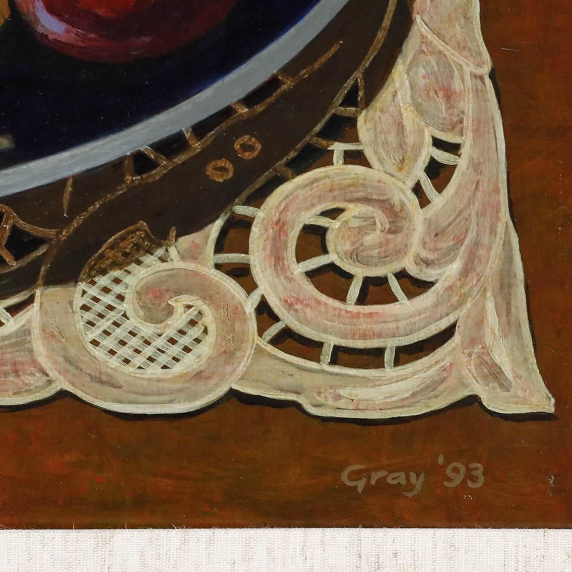 Len Gray 1993 Oil, Still Life Of A Fruit Bowl photo vintage