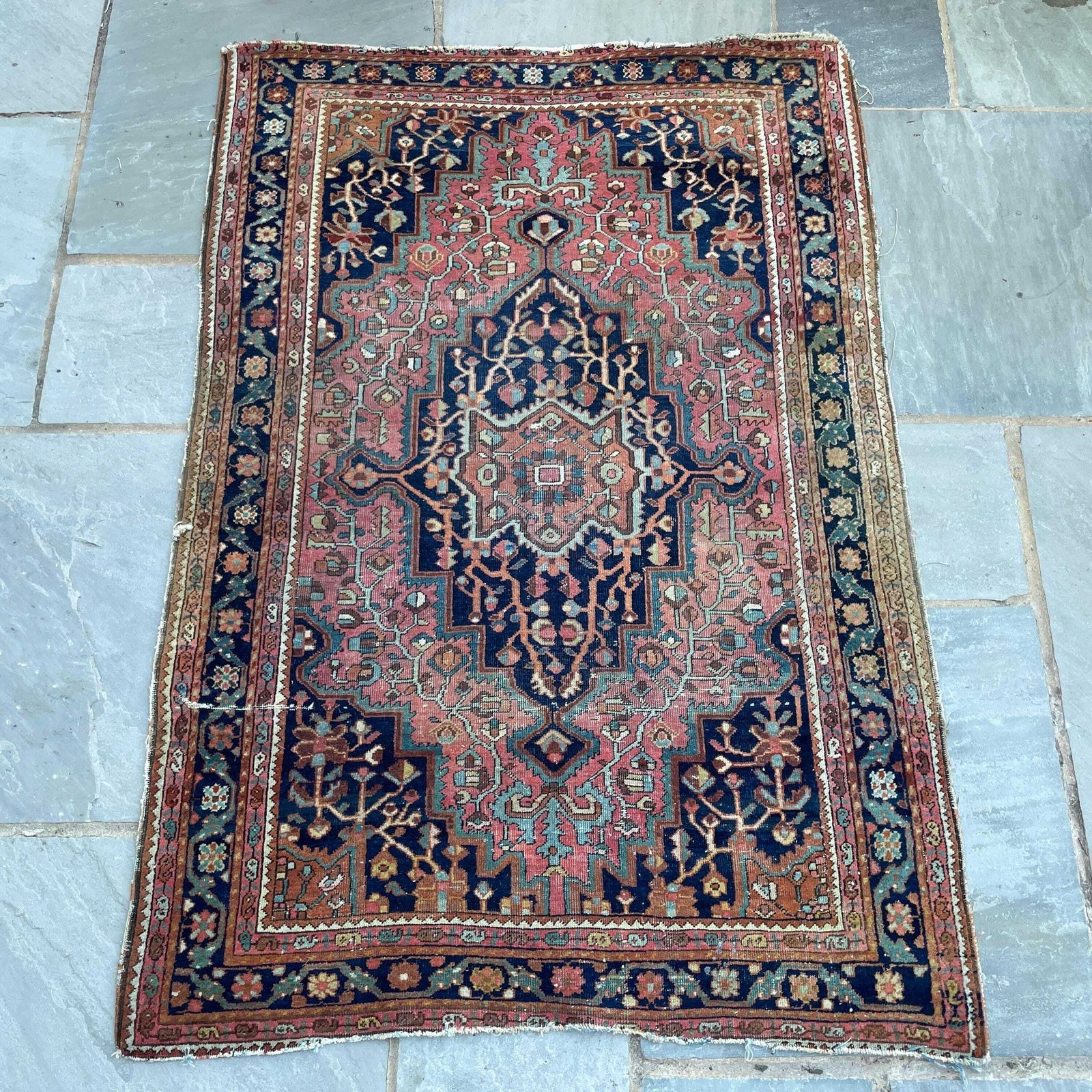 Antique Heriz Wool Rug Blue Terracotta Geometric Pattern Hand Knotted Area Carpet Middle Eastern Central Medallion Handmade Floor Decor