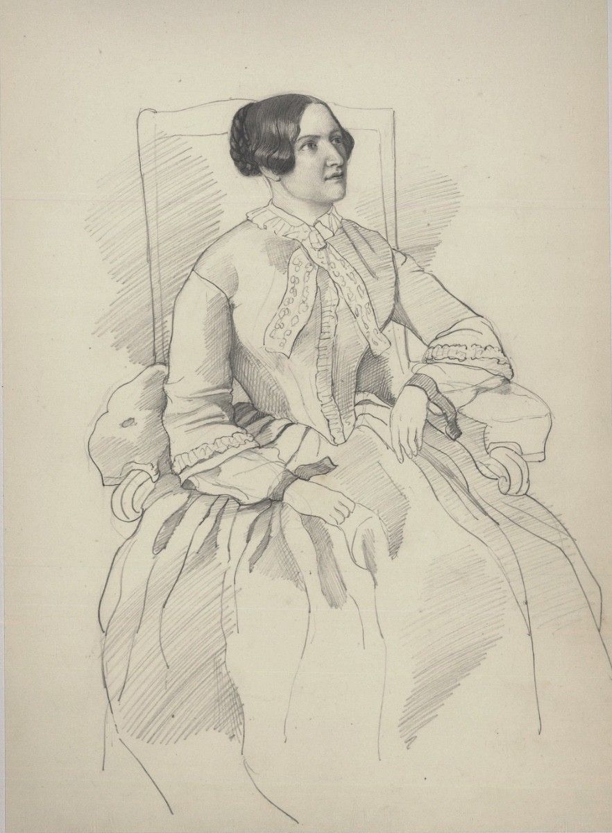 Charlotte Berlichingen Mid 19th Century Graphite Drawing, Aristocratic Lady photo furniture
