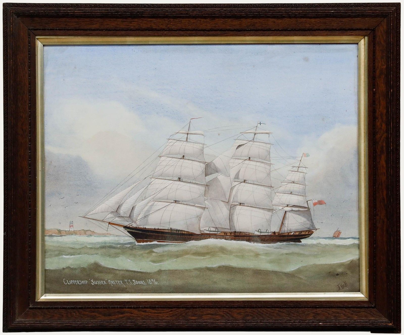 J. Hall Framed Late 19th Century Watercolour, Clippership Sussex