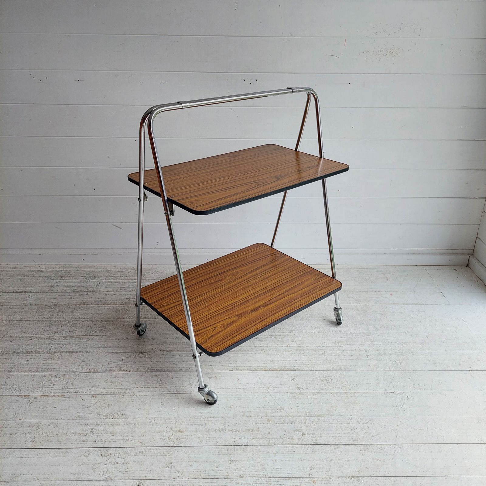Mid Century Folding Teak Effect Formica Drinks Trolley Retro Chrome Bar Cart Germany 70s