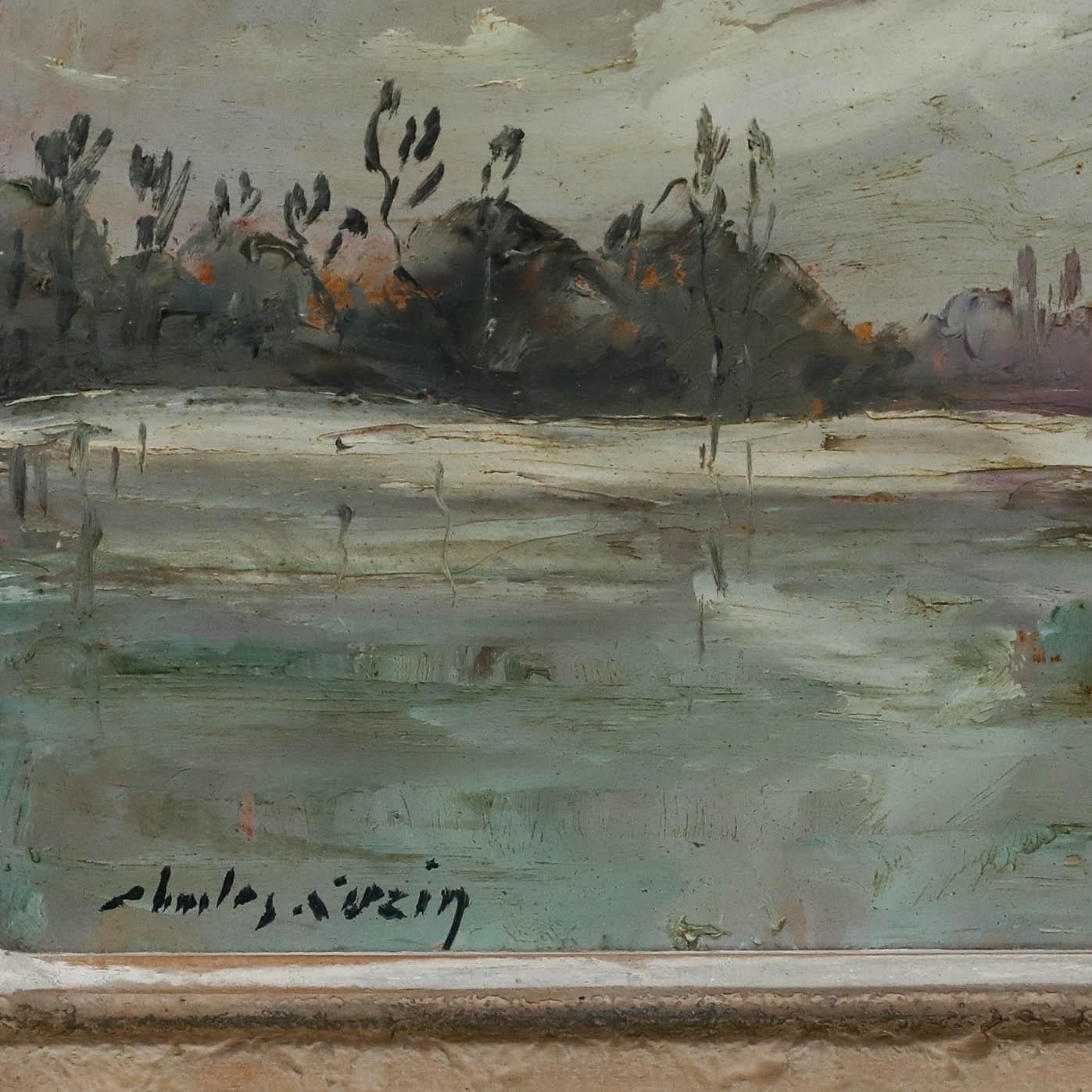 Charles Cuzin (1907 1975) Mid 20th Century Oil, Frozen Lake Scene photo vinterior