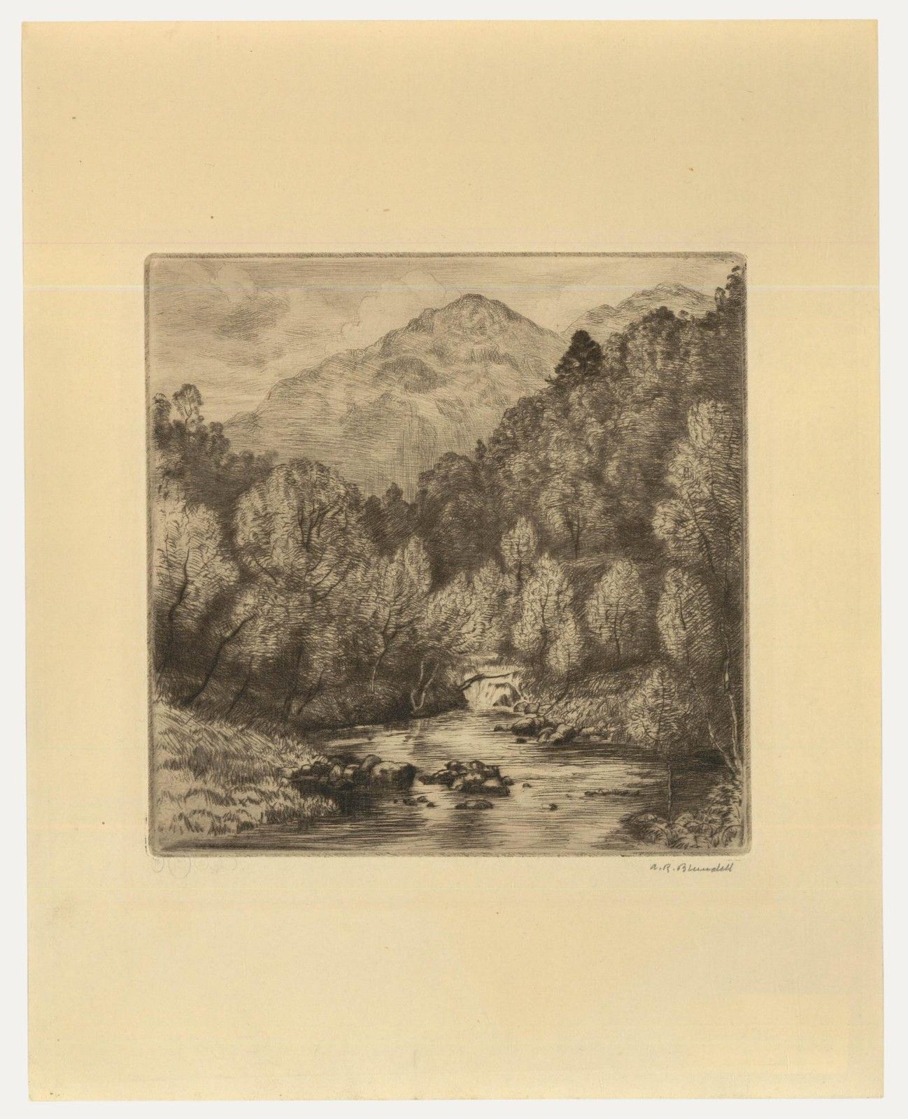 Alfred Blundell (1883–1968) Etching, Waterfall And Mountain Scene